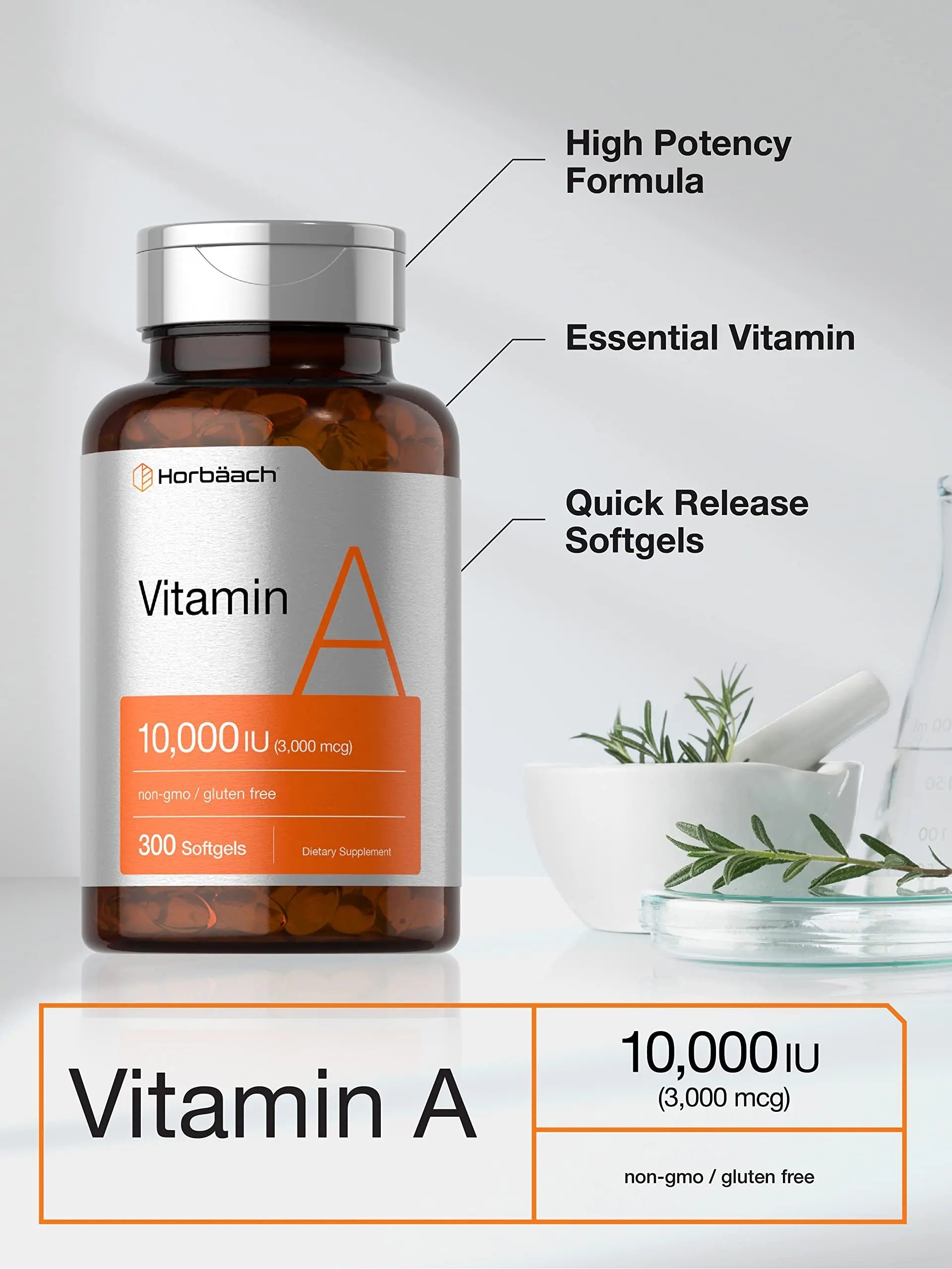 Vitamin A 10000 IU Softgels | 300 Count | Non-GMO, Gluten Free Supplement | by Horbaach Horbäach Au supplements