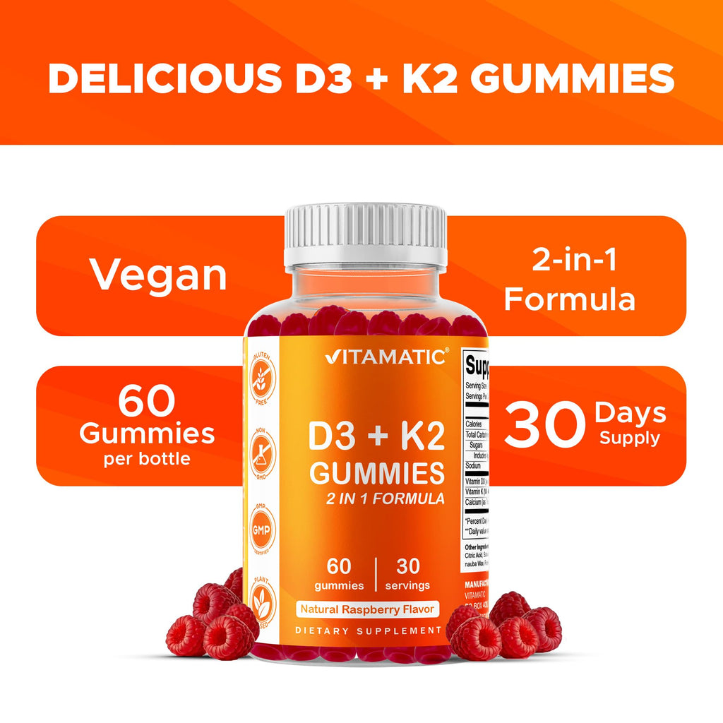 Vitamatic Vitamin D3 & K2 Gummies (2-Pack, 60 Count) Supports Healthy Bones, Heart Health, Calcium Absorption,