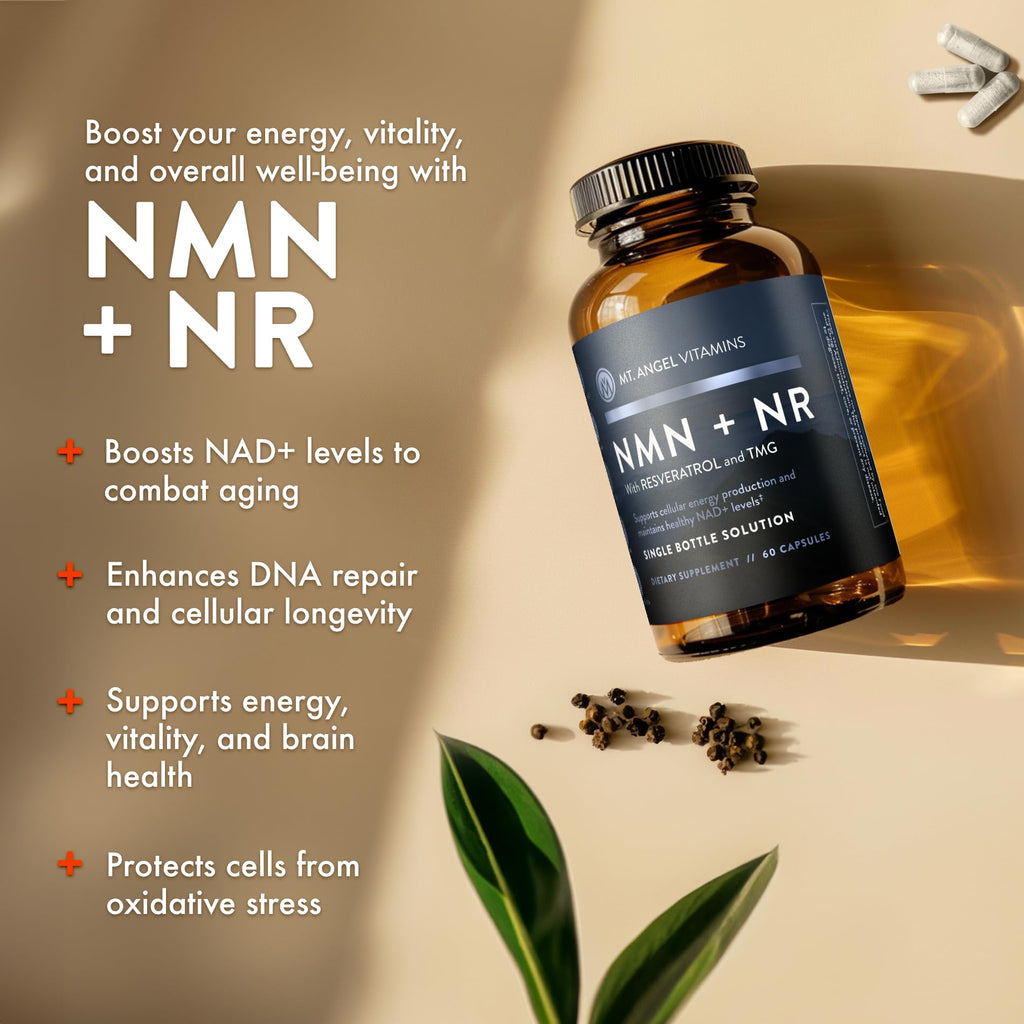 Mt. Angel Vitamins NMN Supplement + NR with Resveratrol & TMG, Dual NAD+ Precursors for Cellular Energy & Healthy Aging, 60 Capsules