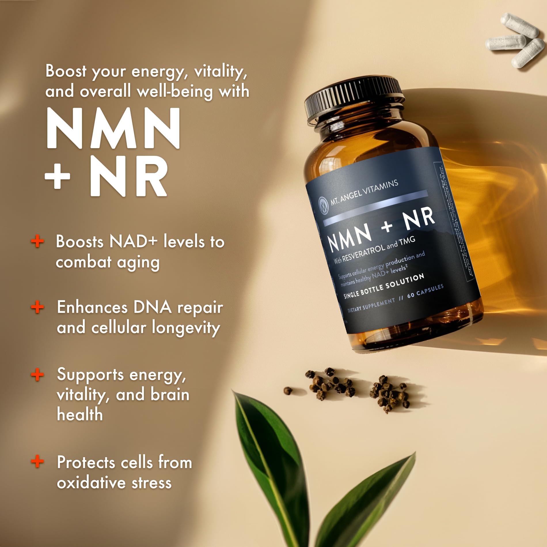 Mt. Angel Vitamins NMN Supplement + NR with Resveratrol & TMG, Dual NAD+ Precursors for Cellular Energy & Healthy Aging, 60 Capsules