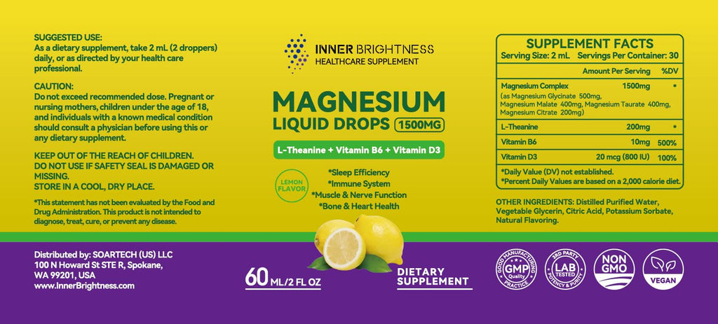 Magnesium Glycinate Liquid Drops 1500mg with Magnesium Citrate & Taurate, L-Theanine, Vitamin D3, B6 - Supports Calm, Sleep, Muscle Relaxation, Leg Cramps & Energy, Lemon Flavor, 60 mL Inner Brightness Au supplements
