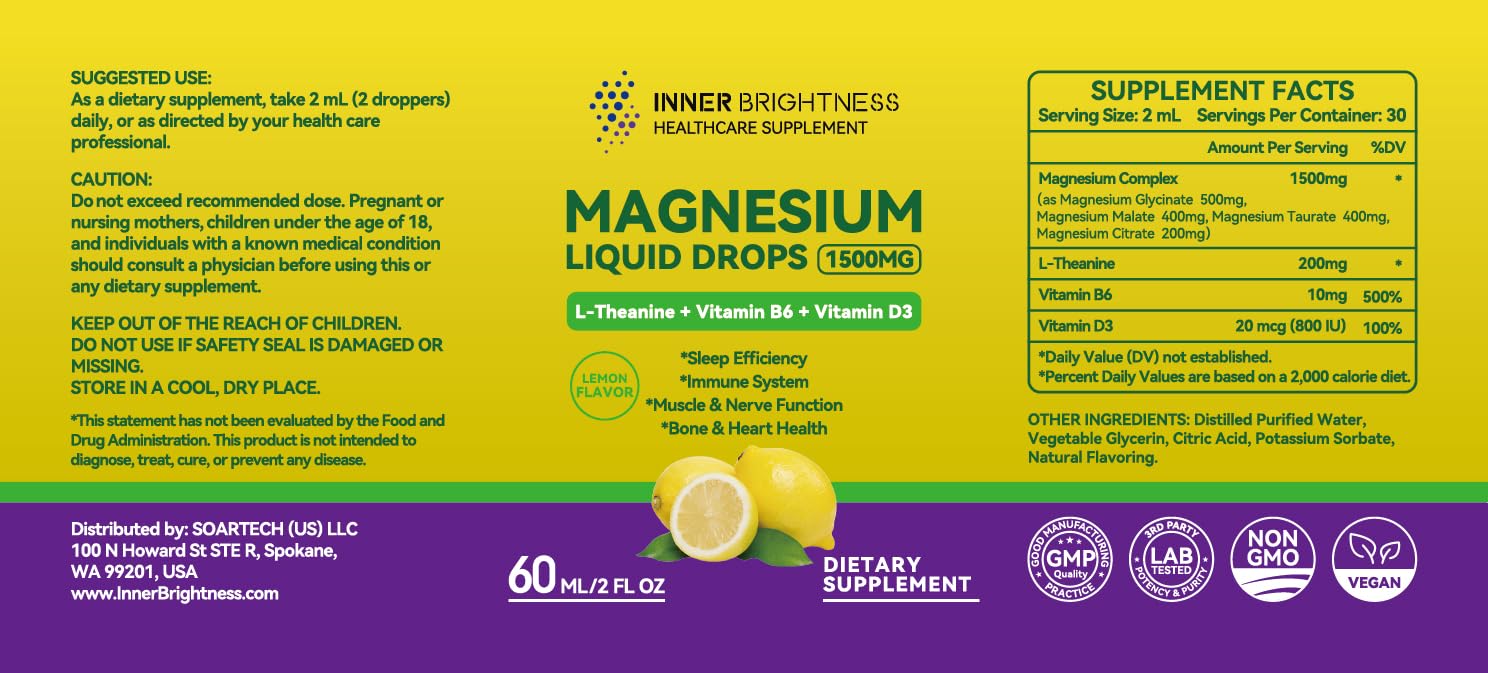 Magnesium Glycinate Liquid Drops 1500mg with Magnesium Citrate & Taurate, L-Theanine, Vitamin D3, B6 - Supports Calm, Sleep, Muscle Relaxation, Leg Cramps & Energy, Lemon Flavor, 60 mL Inner Brightness Au supplements