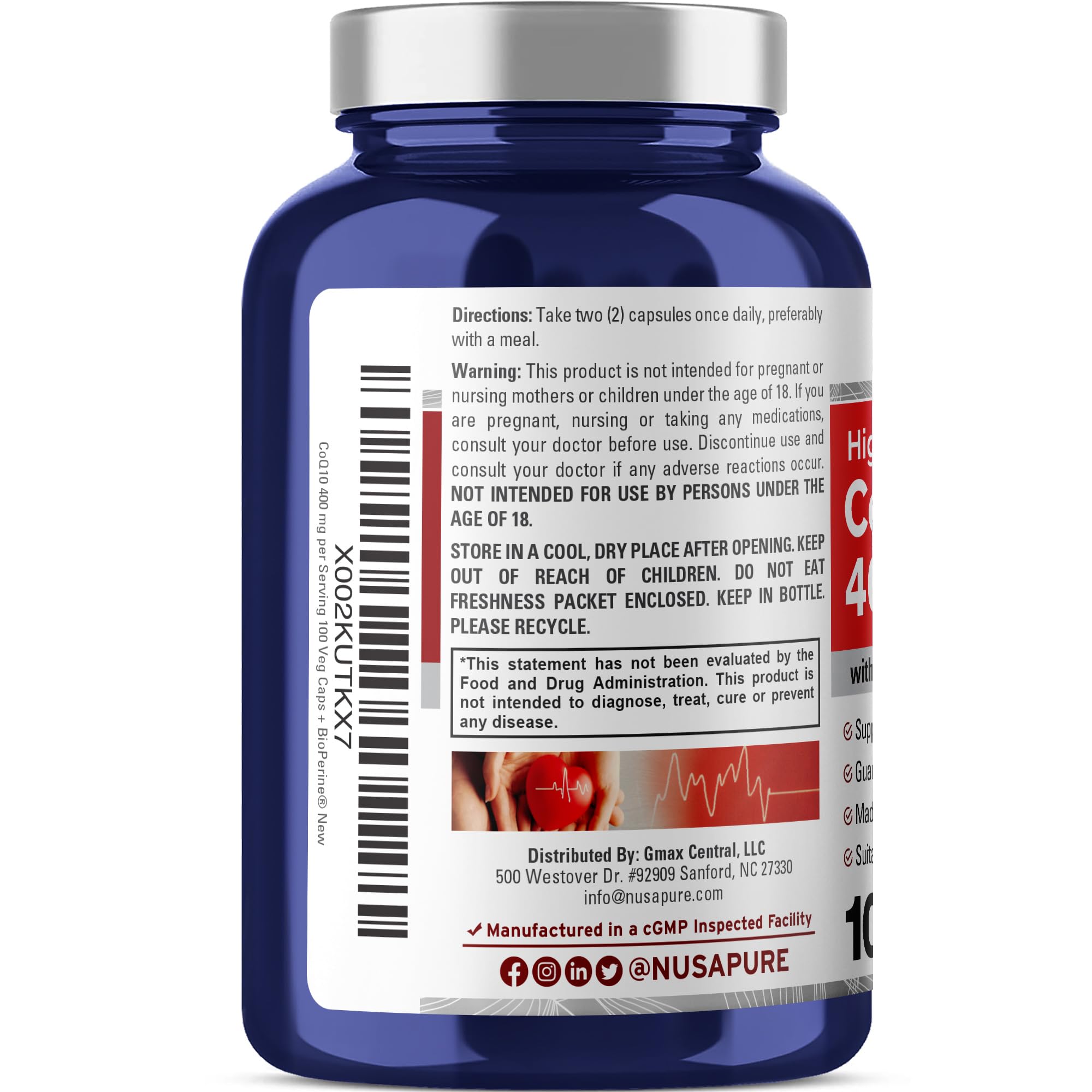 NusaPure CoQ10 400mg 100 Veggie Caps (Vegan, Non-GMO) Coenzyme Q10 Supplement, Antioxidant COQ-10 Enzyme, Coq 10 NusaPure Au supplements