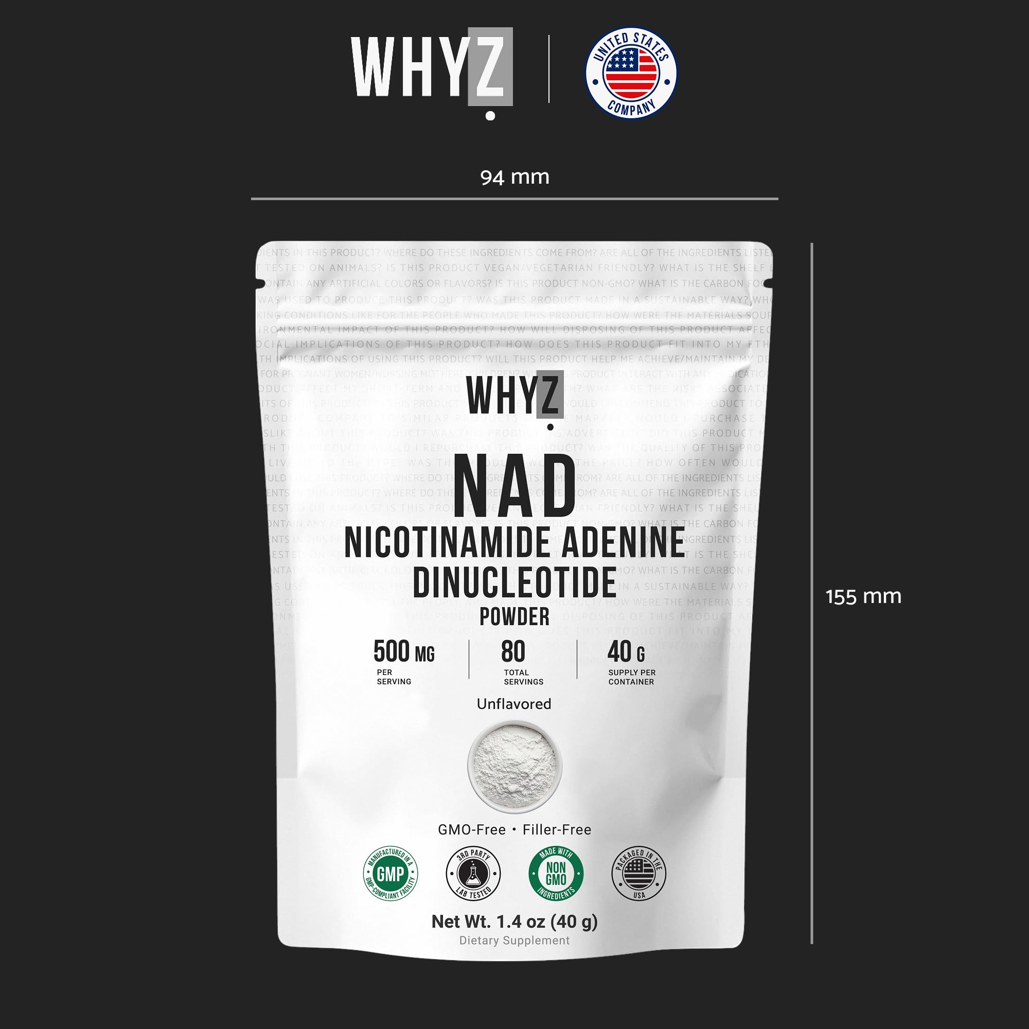 Pure NAD Powder Nicotinamide Adenine Dinucleotide Supplement Unflavored and Gluten-Free Premium Pure NAD Powder for Daily Wellness and Nutrition Support, 40g WHYZ Au supplements
