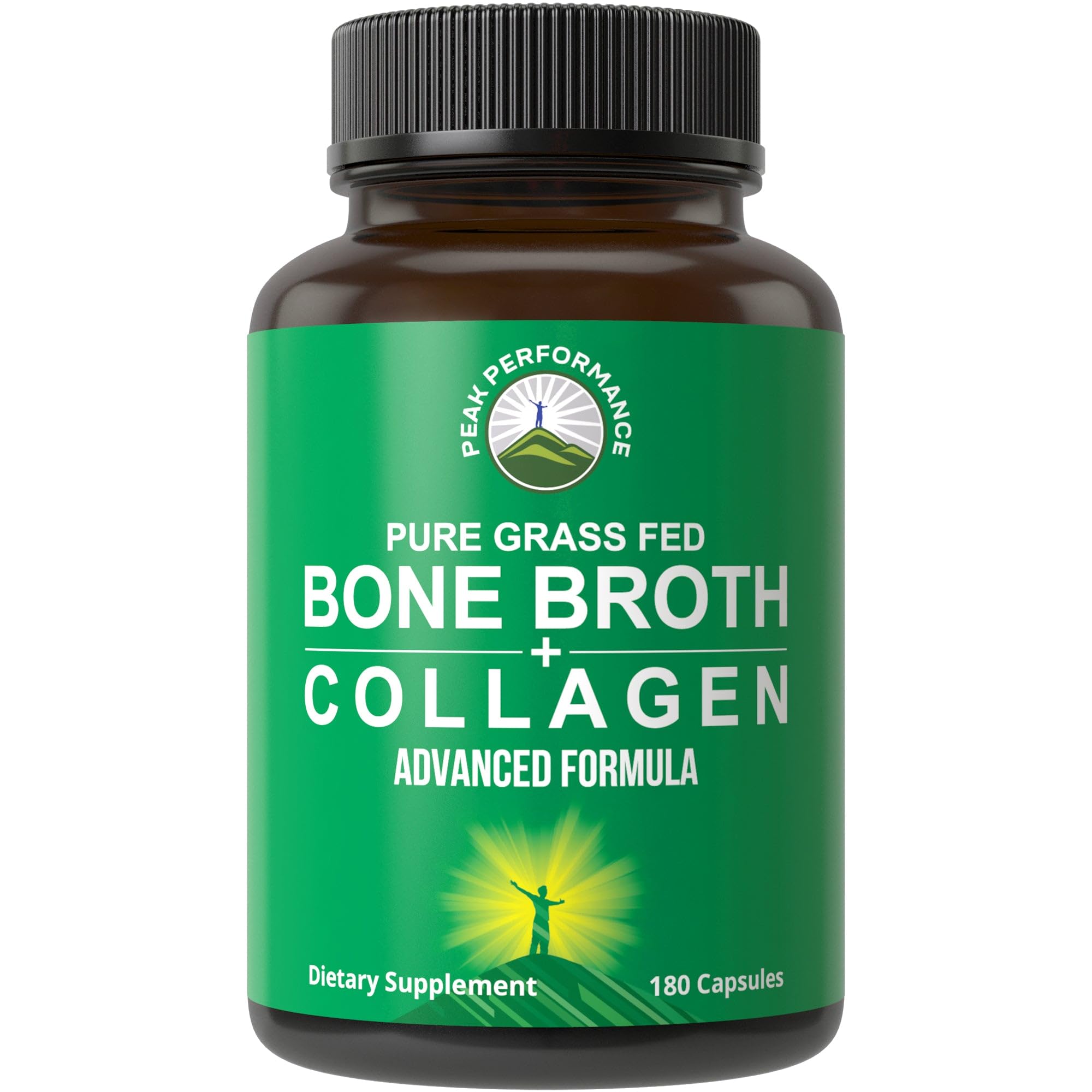 Peak Performance Bone Broth Collagen Capsules - 180 Pills of Grass Fed Bone Broth Collagen Protein Peptides - Contains All 3 Types 1, 2, and 3 - Pure Pasture