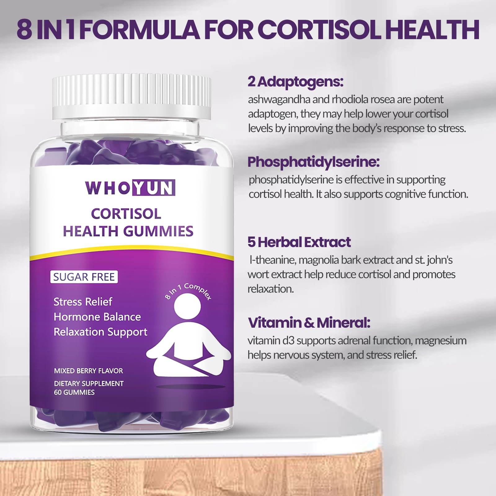 Whoyun Cortisol Supplement Gummies for Women, Lower Cortisol with Phosphatidylserine Ashwagandha Magnesium, Stress Relief, Vegan Sugar Free, 60 Count Whoyun Au supplements
