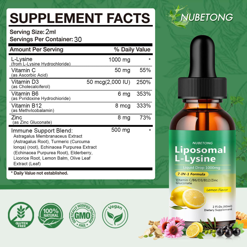 Liposomal L-Lysine 1000mg Liquid Drops, 7-in-1 Lysine Supplement for Adults with Vitamin C/B6/D3/B12 & Zinc Gluconate, Immune Support, Collagen Synthesis & Skin Lip Health, Lemon Flavor, 2 Fl Oz