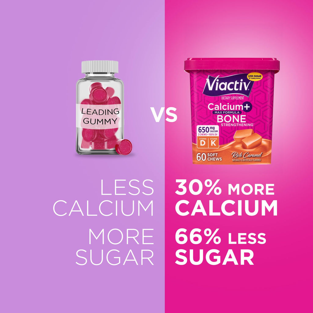 Viactiv Calcium + Vitamin D Supplement Soft Chews for Women & Men - Chewable Calcium for Bone Health Support, 650 mg per Serving, Vitamin D & K for High Absorption - 60 Count, Caramel Viactiv Au supplements