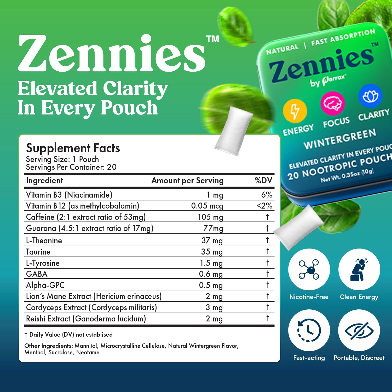 Zennies Caffeine Nootropic Pouches with Alpha GPC, L-Tyrosine & L-Theanine, Lion's Mane, Cordyceps, Reishi - Nicotine Free, No Sugar or Artificial Sweeteners Nootropic Energy Pouches, Wintergreen 1 PK Parrox Au supplements