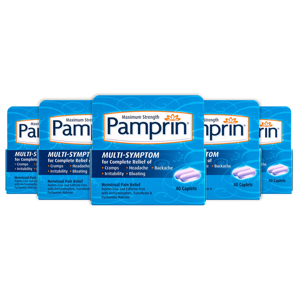 Pamprin Multi-Symptom Formula, with Acetaminophen, Menstrual Period Symptoms Relief including Cramps, Pain, Irritability and Bloating, 40 Caplets (Pack of 5) Pamprin Au supplements