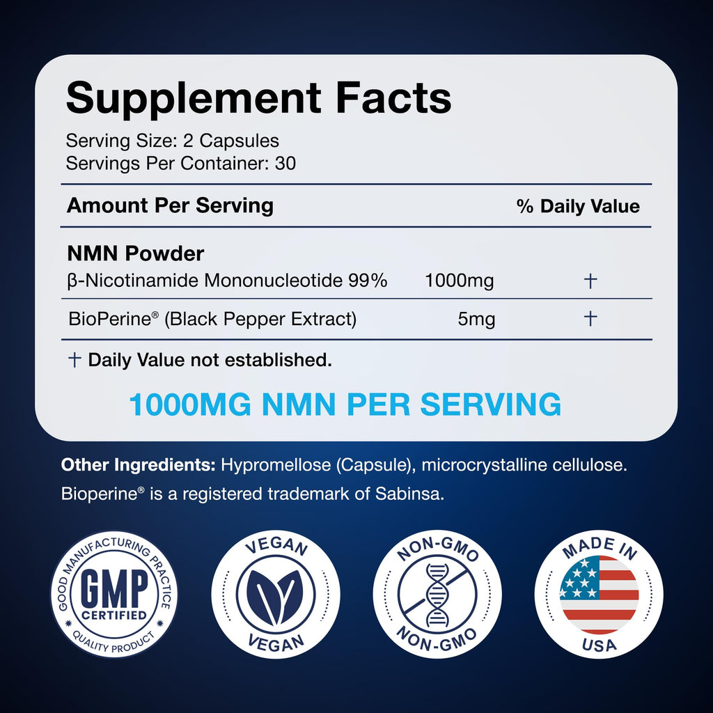 Black Forest NMN Supplements 1000mg (Nicotinamide Mononucleotide) 99% Pure, Stabilized Form, BioPerine® for Enhanced Bioavailability (60 Capsules)