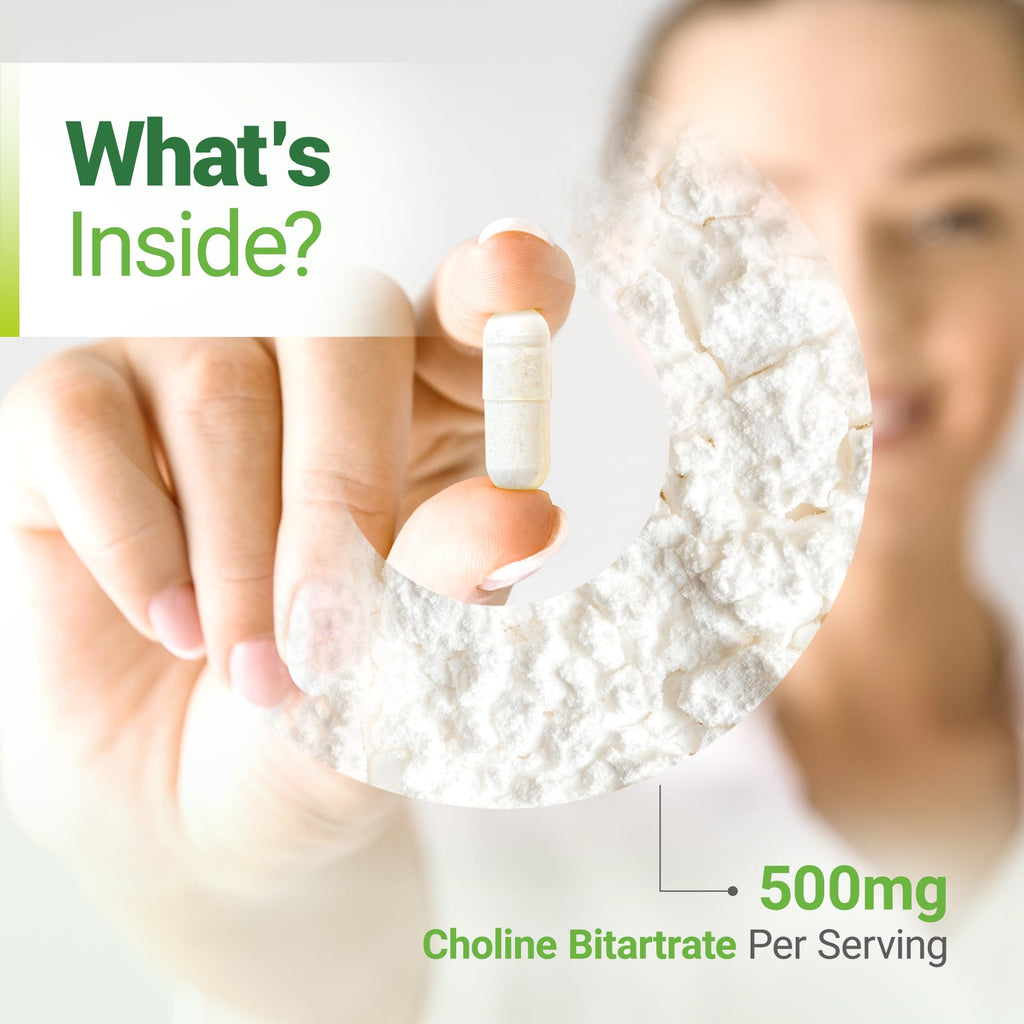 Nested Naturals Choline Bitartrate 500mg Per Serving - High Potency Choline Supplements - Supports Cognitive Performance & Liver Function -