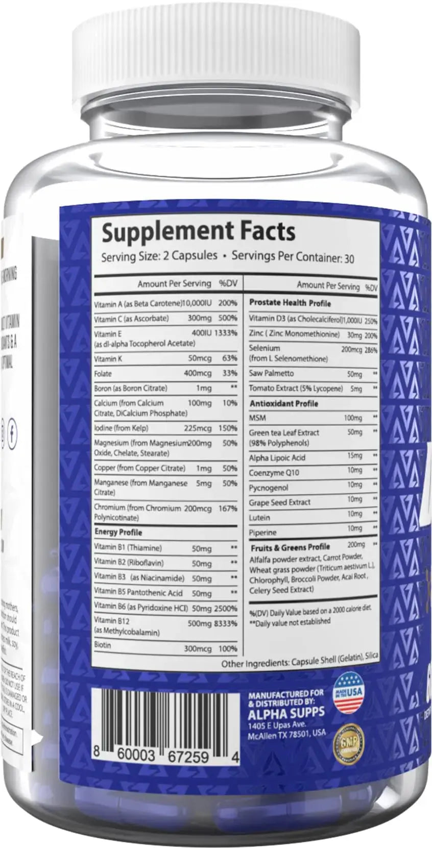 Alpha Supps Vites Men's Multivitamin, Complete Daily Supplement with Fruits, Veggies, Energy, Immune & Prostate Support Alpha Supps Au supplements