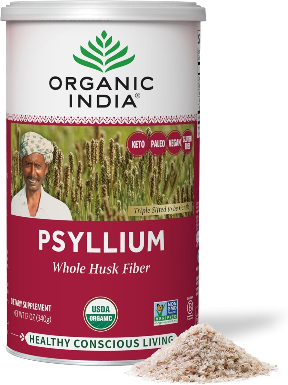 ORGANIC INDIA Psyllium Herbal Powder - Whole Husk Fiber, Vegan, Gluten-Free, USDA Certified Organic, Non-GM