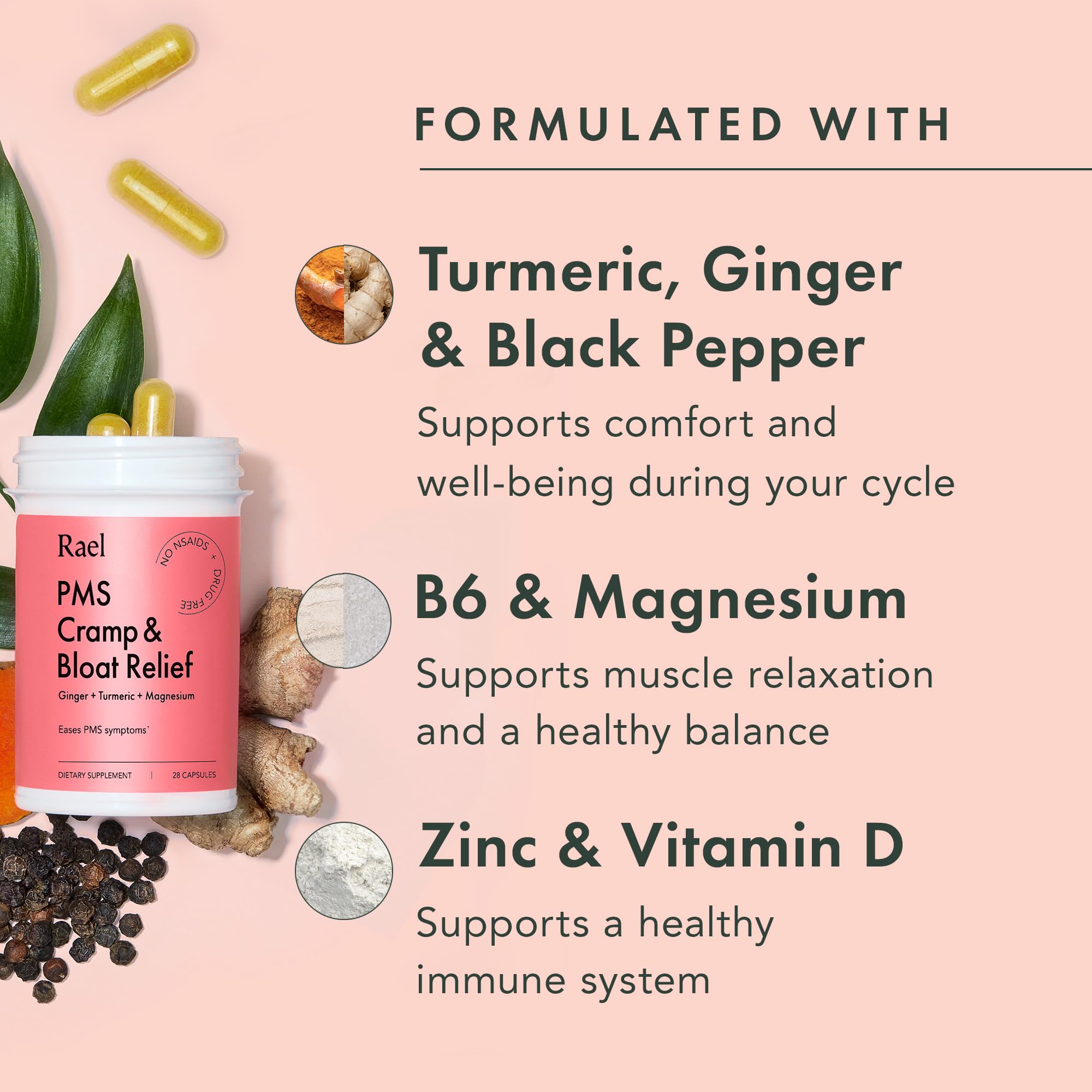 Rael PMS Supplement, Hormone Balance for Women, Relief from Menstrual Cramps with Turmeric, Ginger, Magnesium (28 Capsules) Rael Au supplements