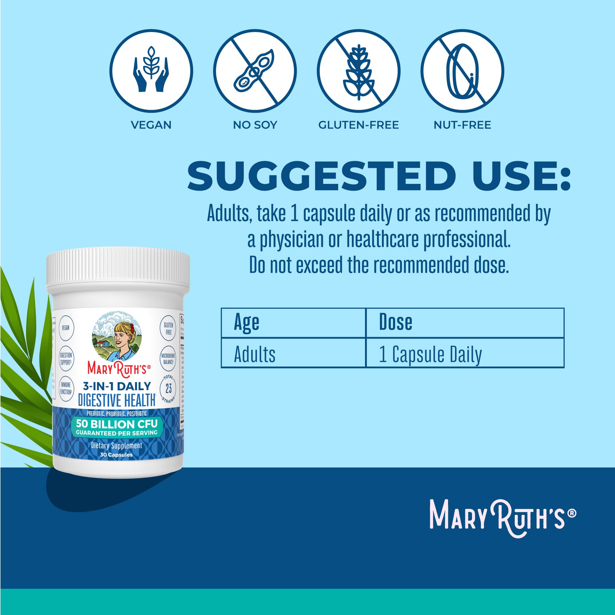 MARYRUTH'S 3-in-1 Probiotics for Digestive Health | Prebiotic & Postbiotic | Gut Health Supplement for Women & Men | 23 Unique Strains