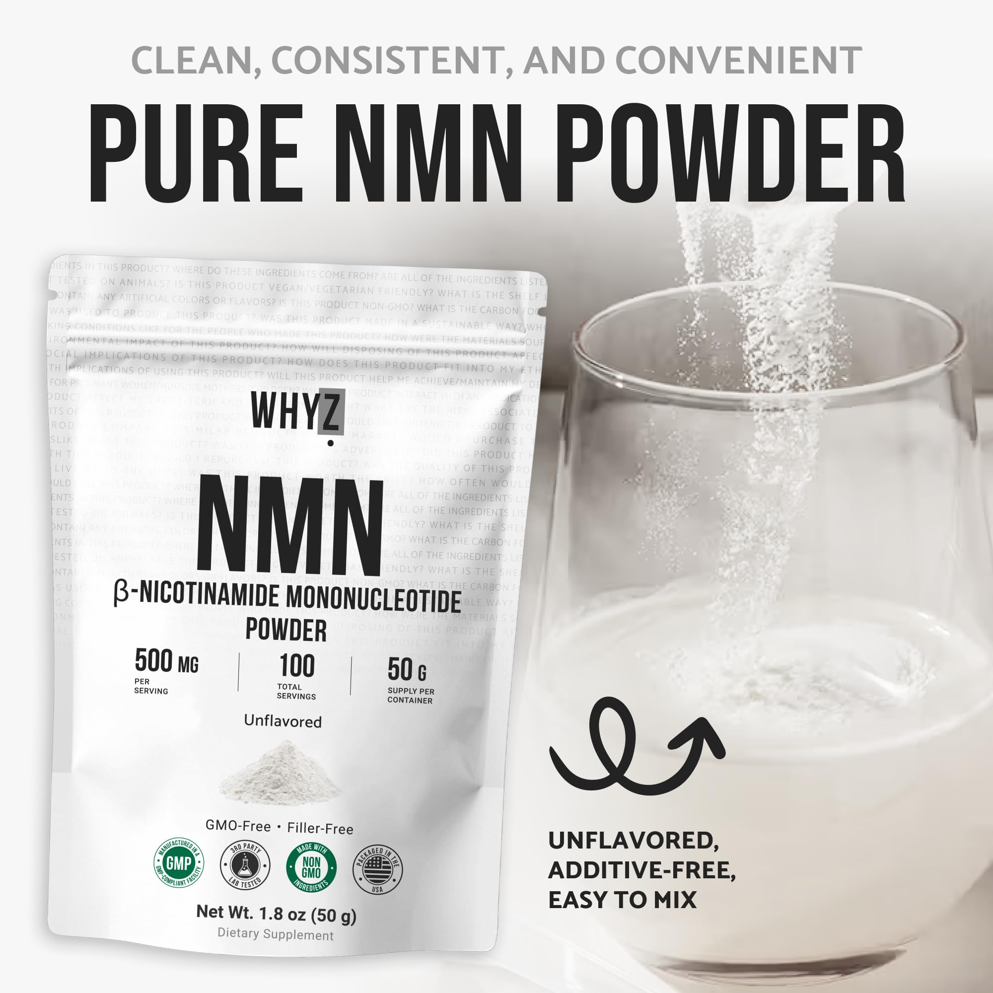 Pure NMN Powder Nicotinamide Mononucleotide Quick Dissolved NMN Supplement Powder 100% Unflavored NMN Supplement Supports NAD+ Levels Vegan Friendly Non-GMO, 50g WHYZ Au supplements