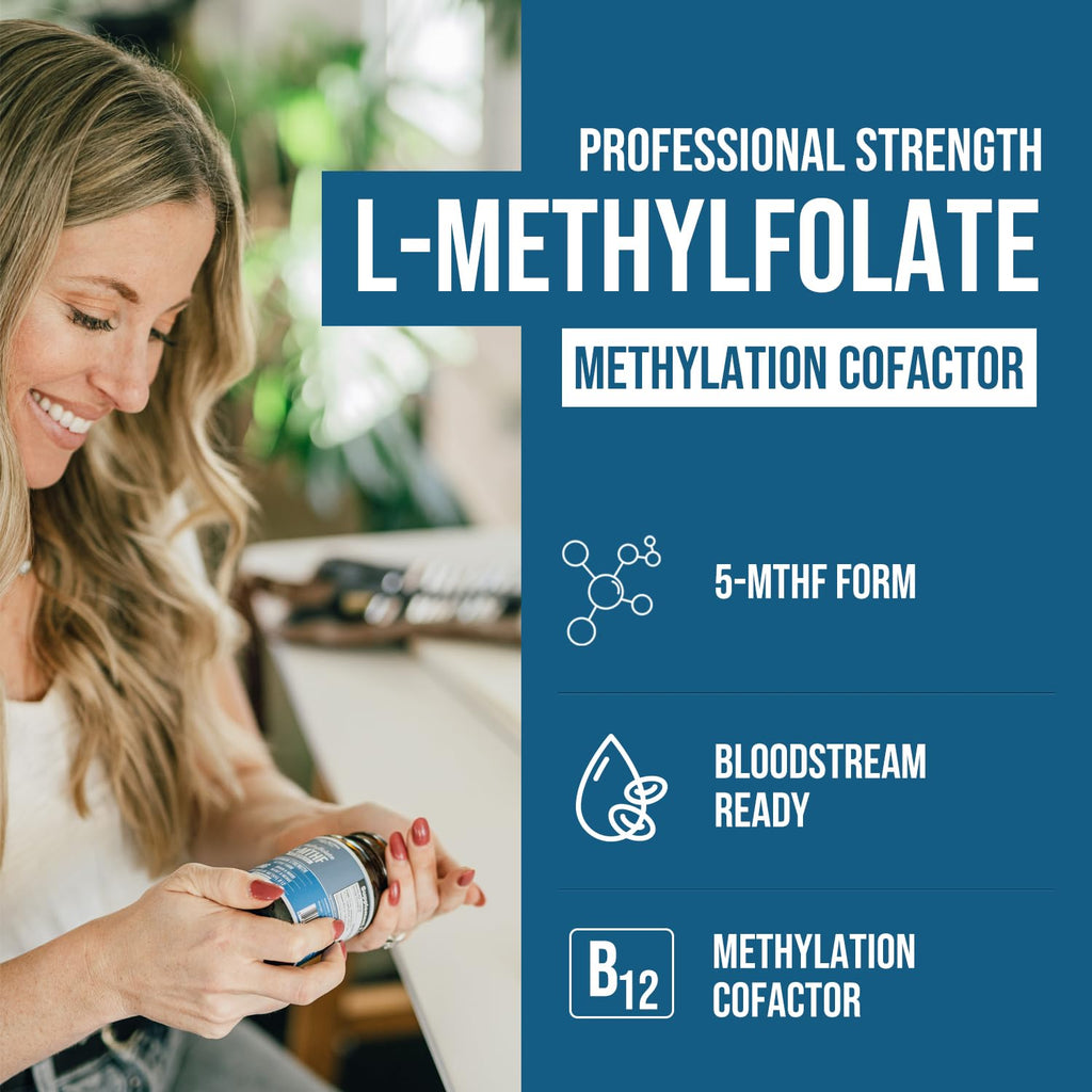 L Methyl Folate 15mg Plus Methyl B12 Cofactor – High Potency, Active 5-MTHF Form - Supports Mood, Methylation, Cognition