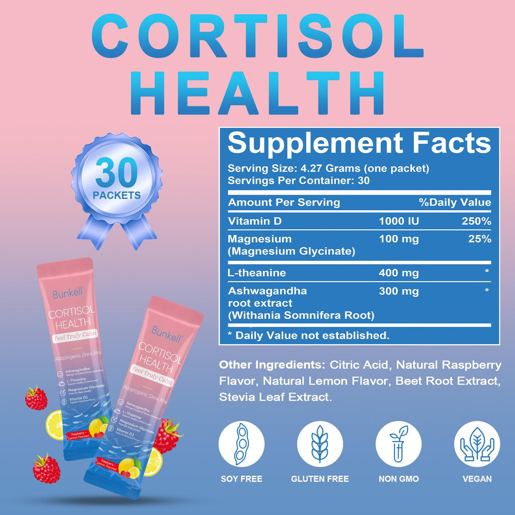 Bunkell Cortisol Powdered Drink Mix, Made with Magnesium Glycinate, L-Theanine, Ashwagandha & Vitamin D3, Cortisol Supplements for Relaxation, Focus & Calm Support, Raspberry Lemonade Flavor, 30 Ct Bunkell Au supplements