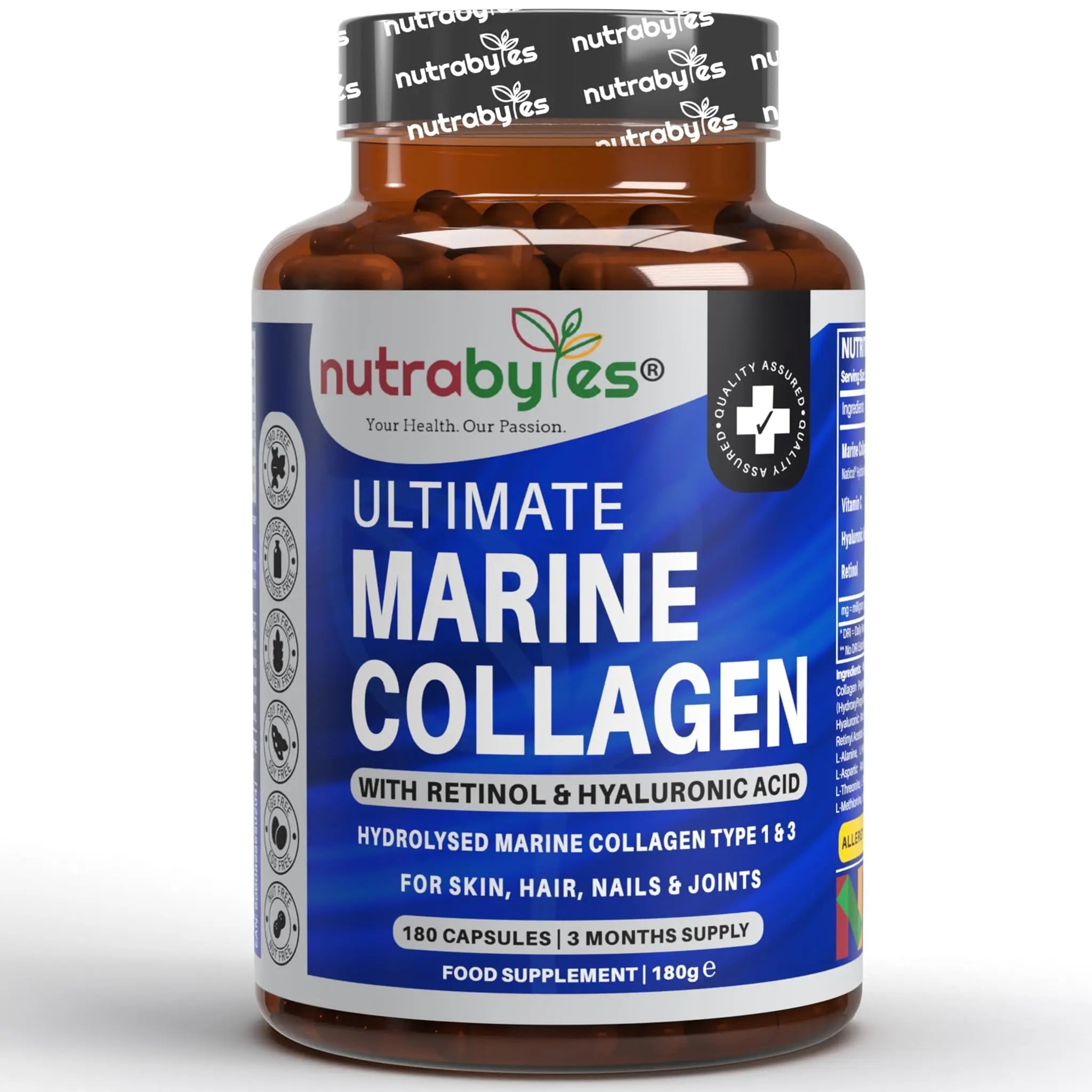 High Strength Marine Collagen with Hyaluronic Acid, Retinol and Vitamin C | 180 Capsules - 3 Months Supply NUTRABYTES Au supplements