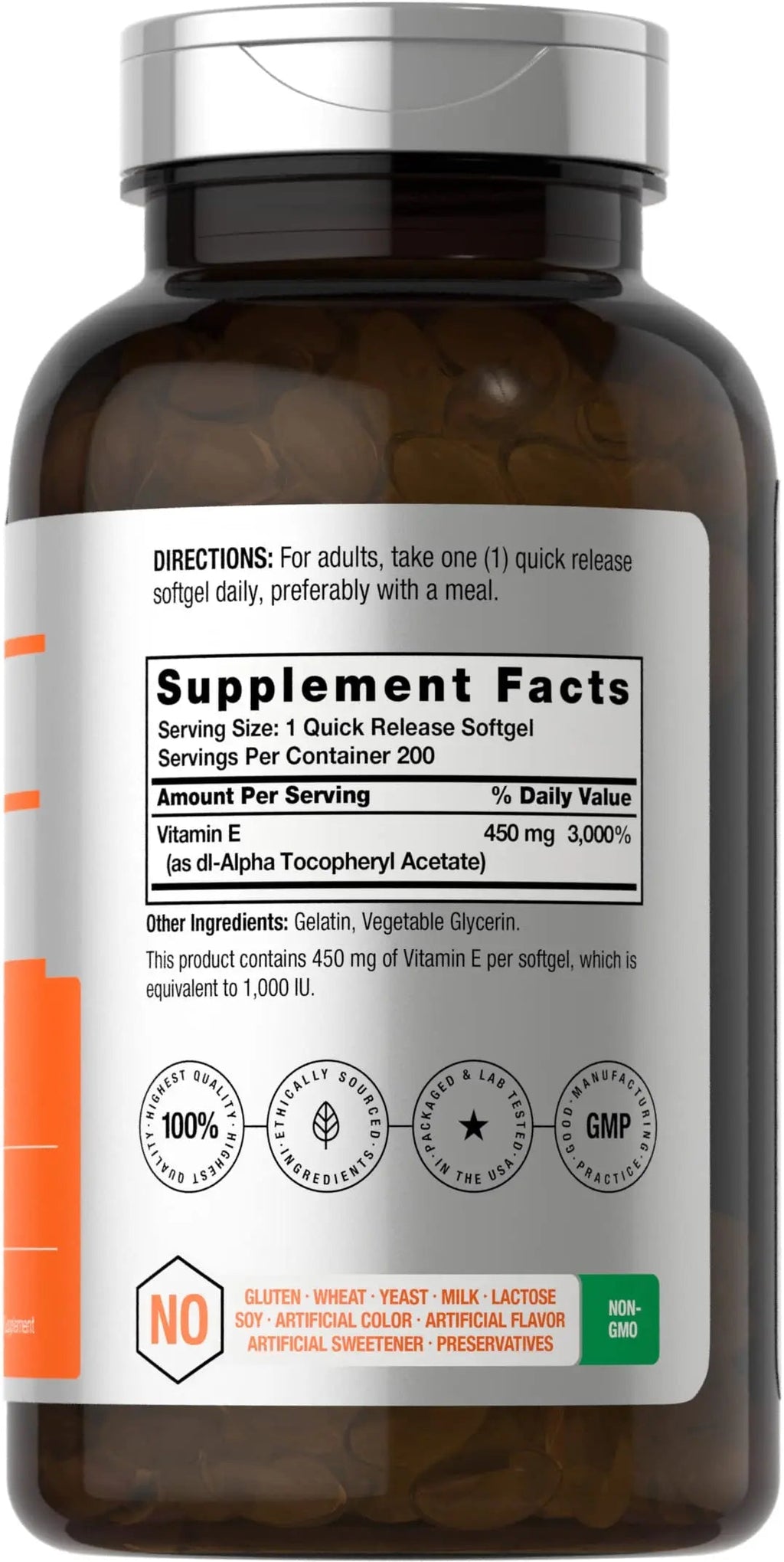 Vitamin E 1000 IU Softgel Capsules | 200 Count | Non-GMO, Gluten Free, Preservative Free Horbäach Au supplements