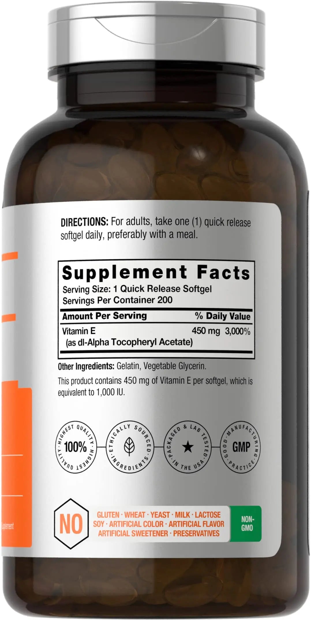 Vitamin E 1000 IU Softgel Capsules | 200 Count | Non-GMO, Gluten Free, Preservative Free Horbäach Au supplements