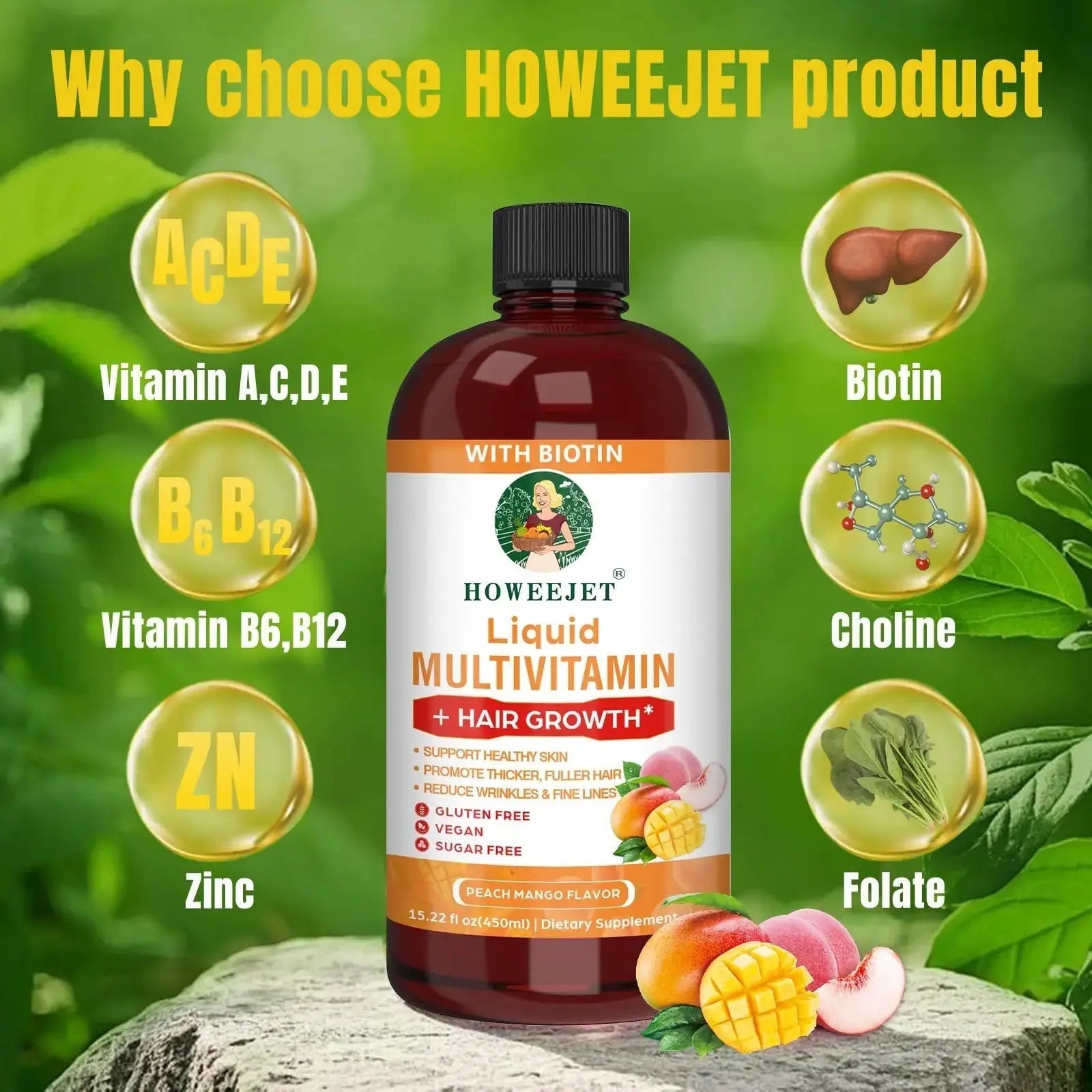 Liquid Multivitamin for Hair Growth | Biotin 10000mcg | Hair & Skin Support Supplement | Clinically Tested for Thicker Hair & Skin Elasticity HOWEEJET Au supplements
