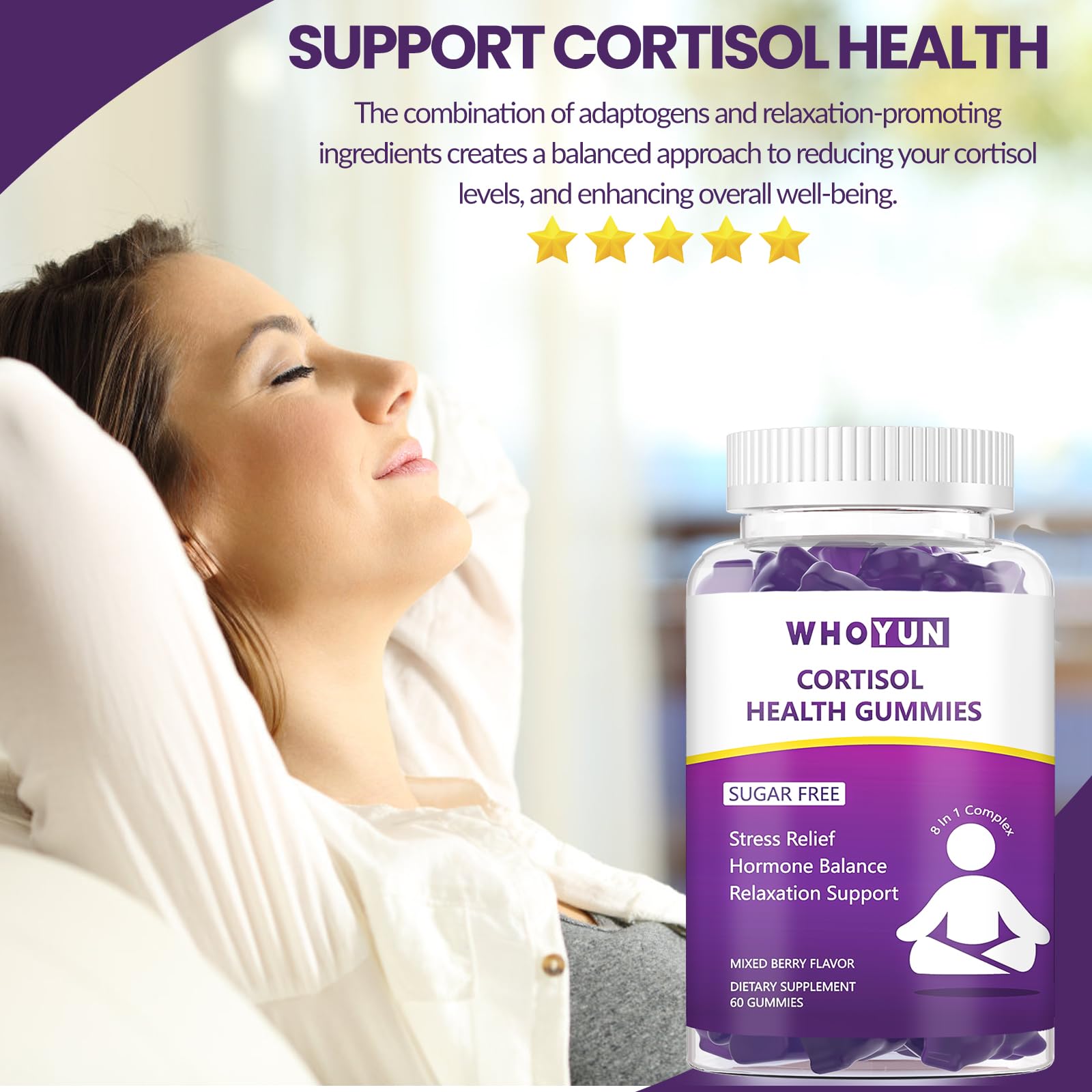 Whoyun Cortisol Supplement Gummies for Women, Lower Cortisol with Phosphatidylserine Ashwagandha Magnesium, Stress Relief, Vegan Sugar Free, 60 Count Whoyun Au supplements