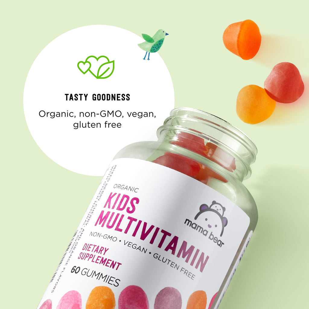 Amazon Brand - Mama Bear Organic Kids Multivitamin Gummies, Berry, Cherry & Orange, 60 Count, 1 Month Supply (Packaging May Vary)