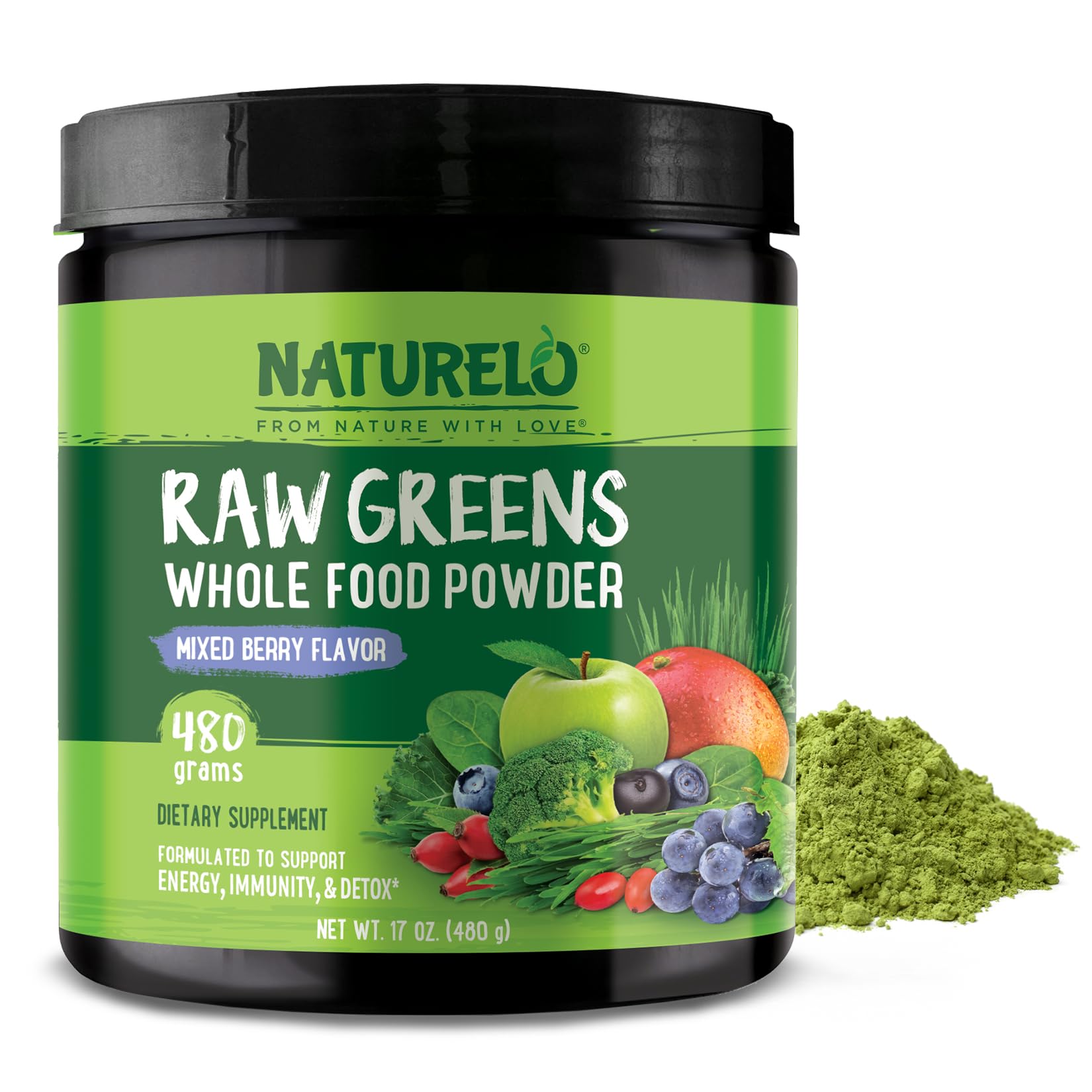 NATURELO Raw Greens Superfood Powder 480 Grams, Mixed Berry - Supports Energy, Immunity and Detox - Includes Spirulina, Wheat Grass and Organic