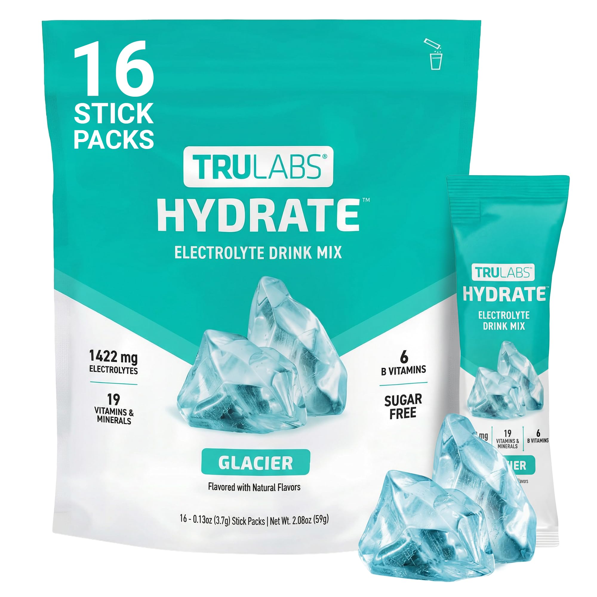TRULABS Hydrate Electrolyte Drink Mix – Glacier Flavor, Sugar-Free Hydration Packets with 1422 mg Electrolytes & 19 Vitamins & Minerals, Monk Fruit Sweetened, On-the-Go Sticks (16 Count)