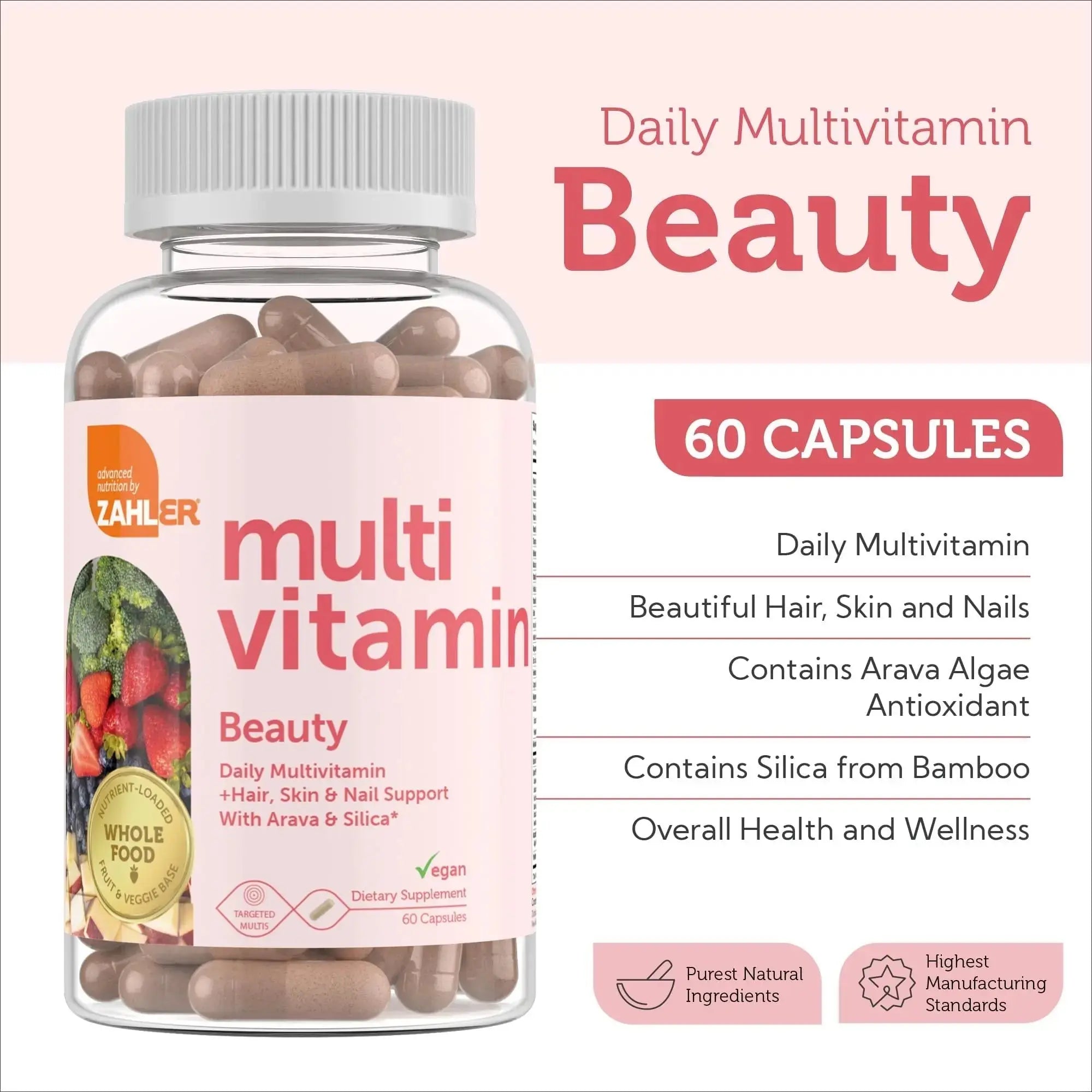 Zahler Multivitamin Beauty + Skin Hair and Nails Support, Multivitamin for Women and Men with Iron, Certified Kosher, 60 Capsules Zahler Au supplements