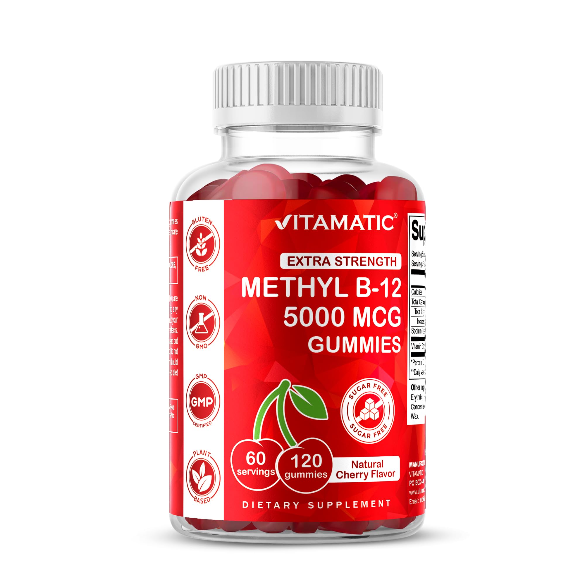 Vitamatic Extra Strength Vitamin B12 5000 mcg (Methyl B12) Gummies - 120 Count - Energy Metabolism Support and Nervous