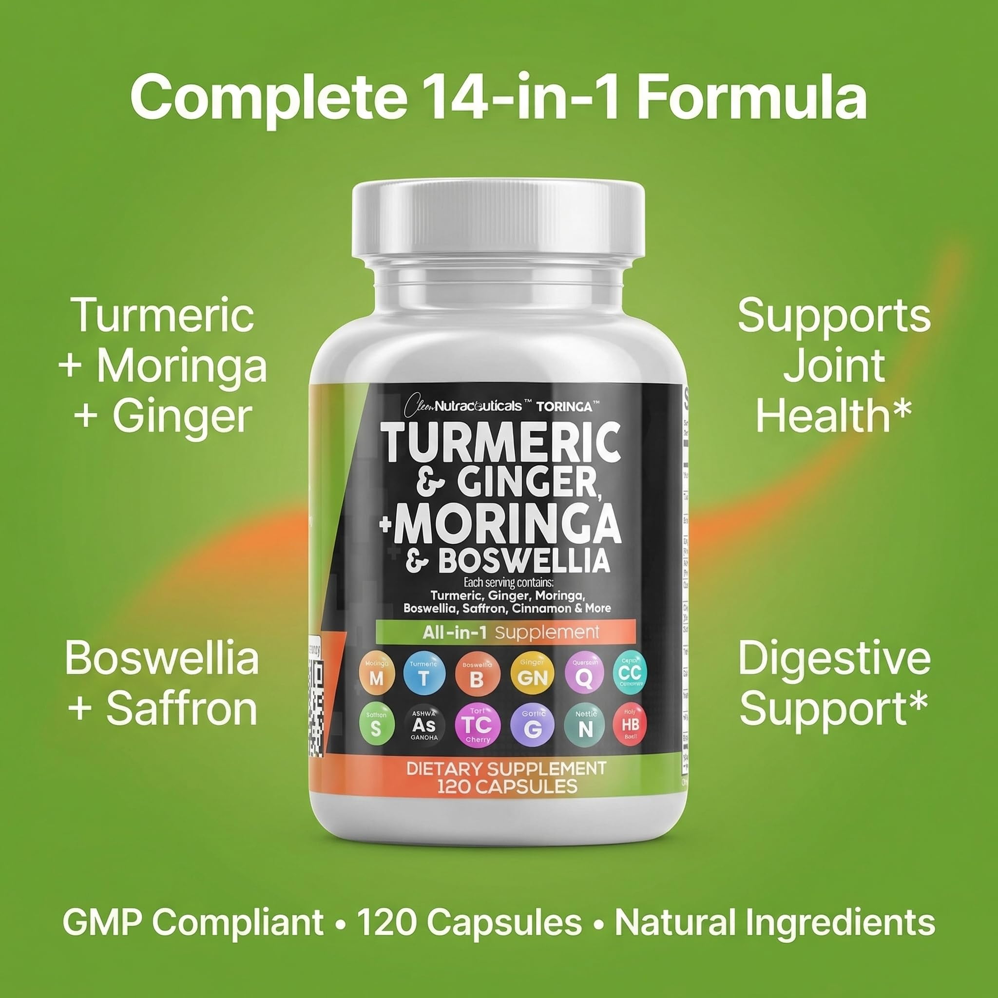 Clean Nutraceuticals Turmeric Moringa Supplement | Ginger Boswellia Saffron - Supplement for Women and Men with Ceylon Cinnamon