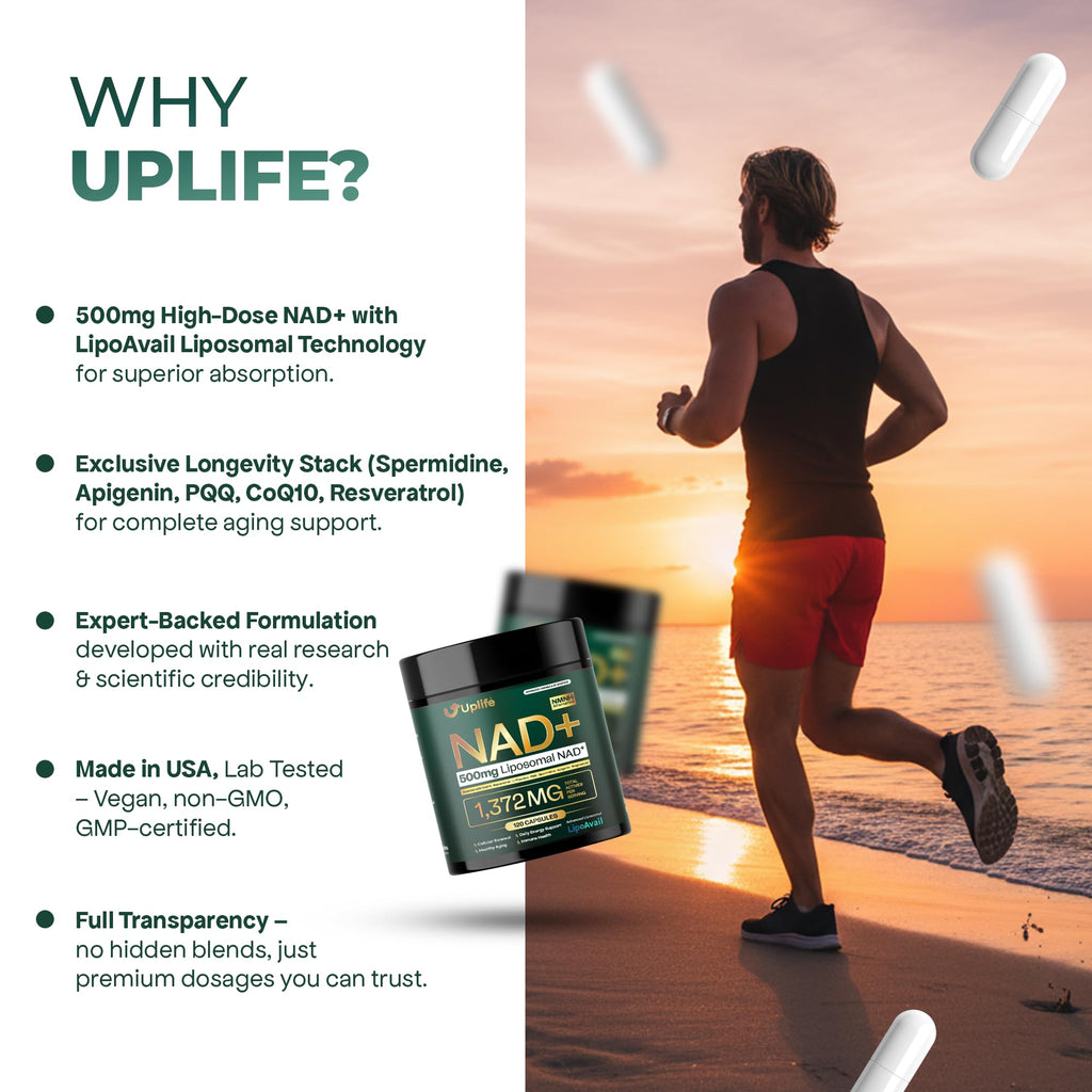UPLIFE NAD+ Supplement 1,372mg – Liposomal NAD+ with CoQ10, Resveratrol, Spermidine, L-Theanine, Apigenin & PQQ – NMNH Alternative Booster Cellular Energy, Healthy Aging, Immune Health – 120 Capsules UPLIFE Au supplements
