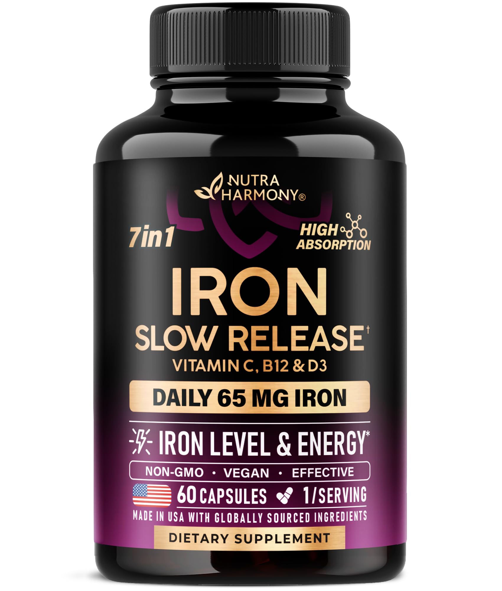 Iron Supplement for Women - Iron 65mg (Ferrous Sulfate 325mg) - Stomach Friendly | Slow Release Iron | High Absorption - Vitamins C, D3, B6, B12 & Folate