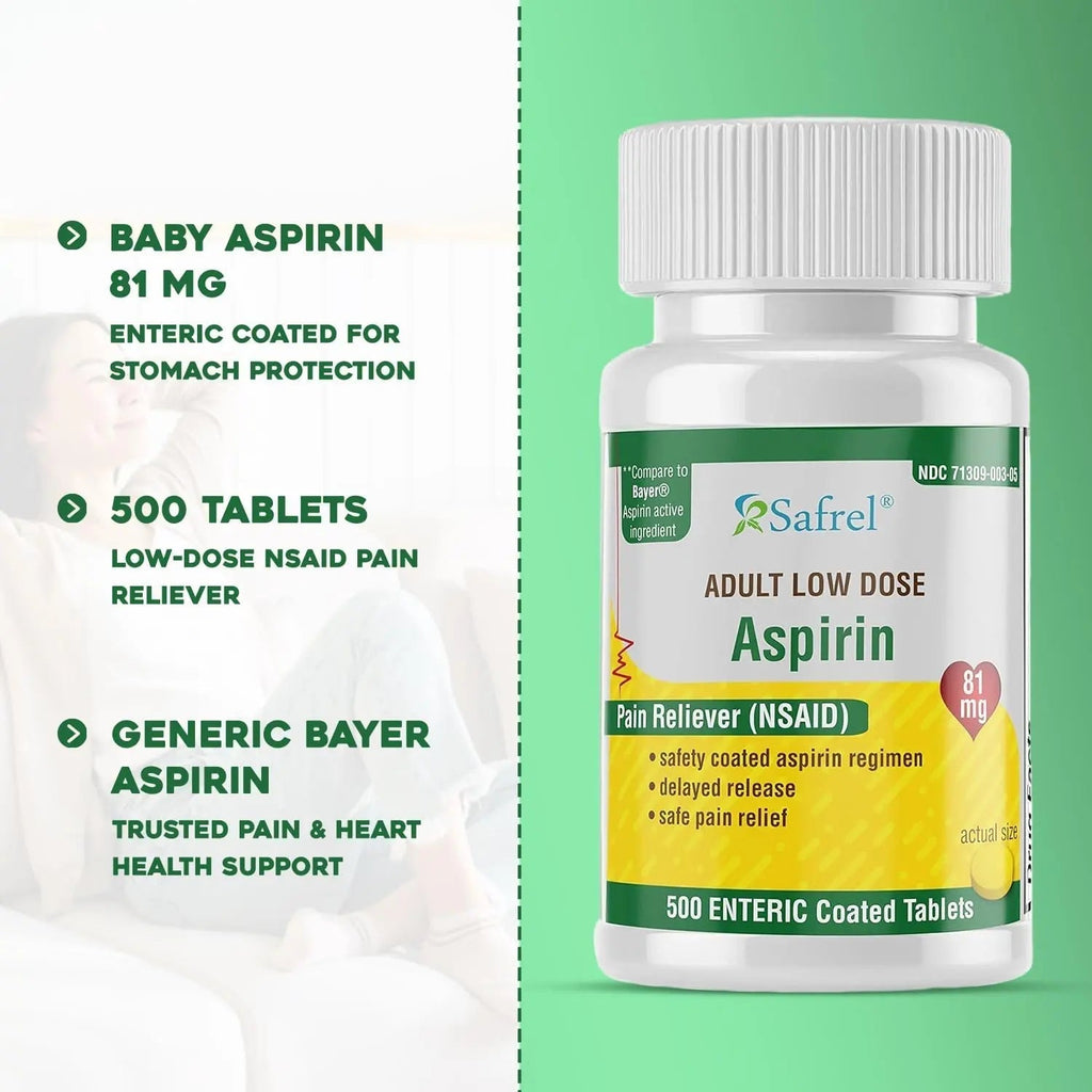 Safrel Generic Bayer Baby Aspirin 81 mg (500 Enteric Coated Tablets) | Adult Low Dose Strength Safe Pain Reliever (NSAID) for Minor Aches | Value Pack Safrel Au supplements