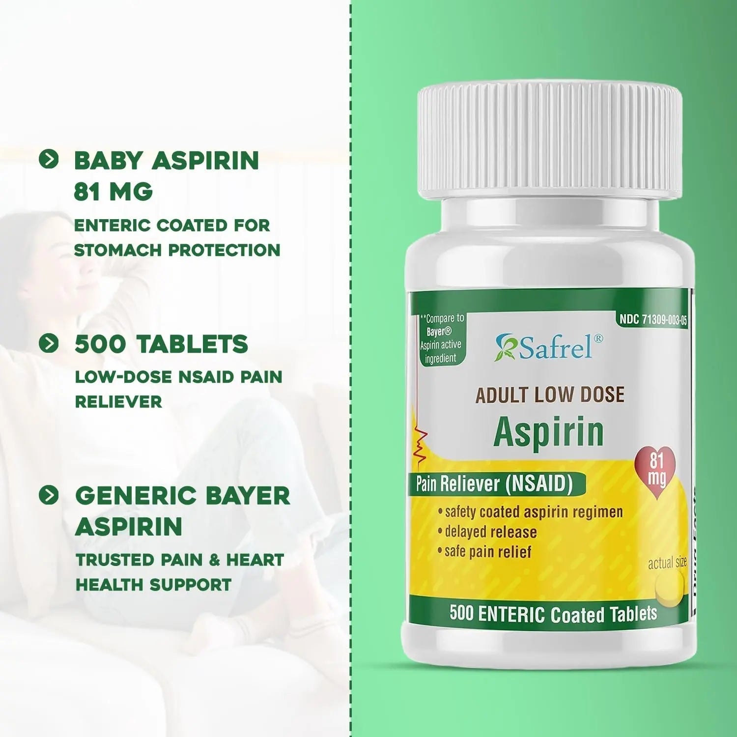 Safrel Generic Bayer Baby Aspirin 81 mg (500 Enteric Coated Tablets) | Adult Low Dose Strength Safe Pain Reliever (NSAID) for Minor Aches | Value Pack Safrel Au supplements