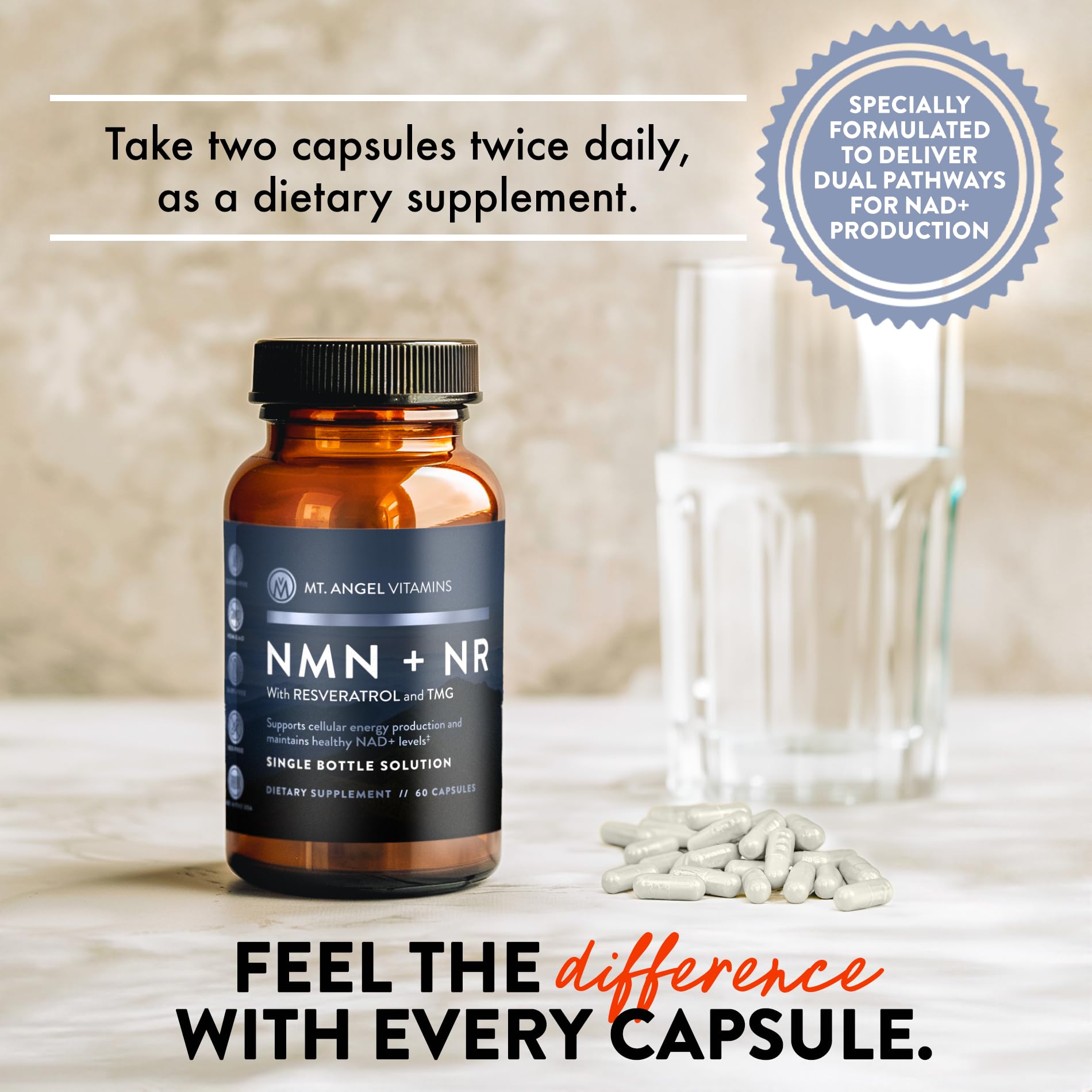 Mt. Angel Vitamins NMN Supplement + NR with Resveratrol & TMG, Dual NAD+ Precursors for Cellular Energy & Healthy Aging, 60 Capsules
