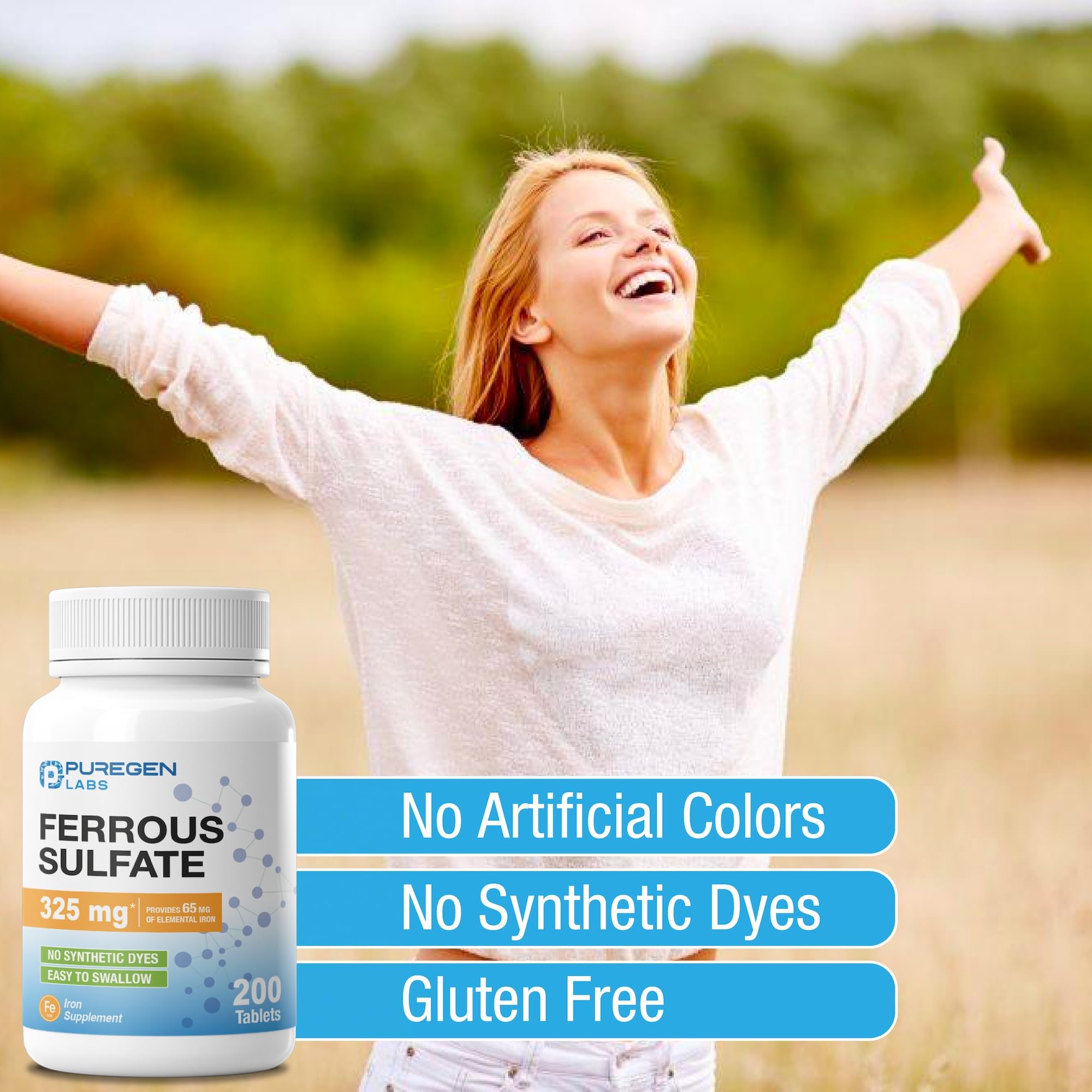Puregen Labs Ferrous Sulfate 325 mg (65 mg Elemental Iron) High Potency Iron Supplement | No Artificial Color Additives - 200 Tablets