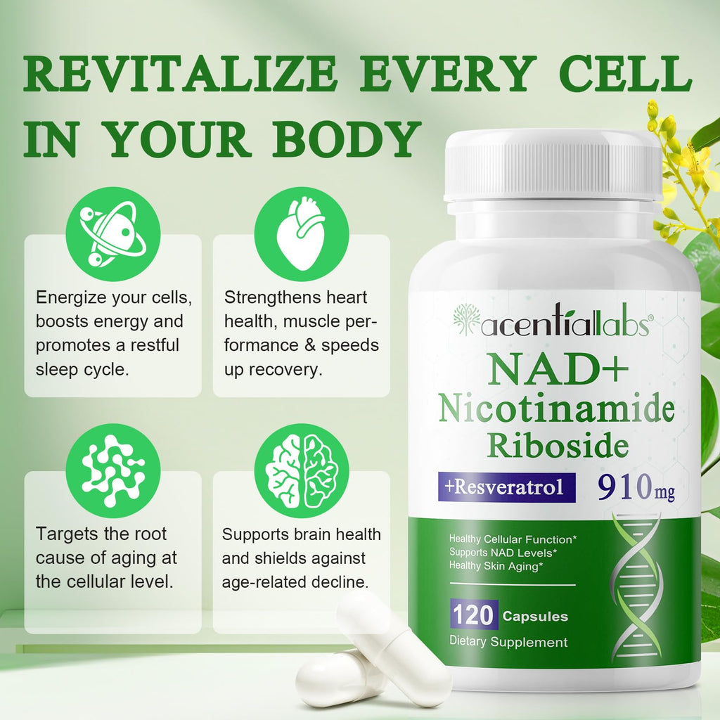XINSZLIN NAD Supplement, NAD Nicotinamide Riboside Resveratrol 910mg, High Purity NAD Supplement for Healthy Cellular Function, Supports NAD Levels Healthy Skin Aging Dietary Supplement 120 Capsules XINSZLIN Au supplements