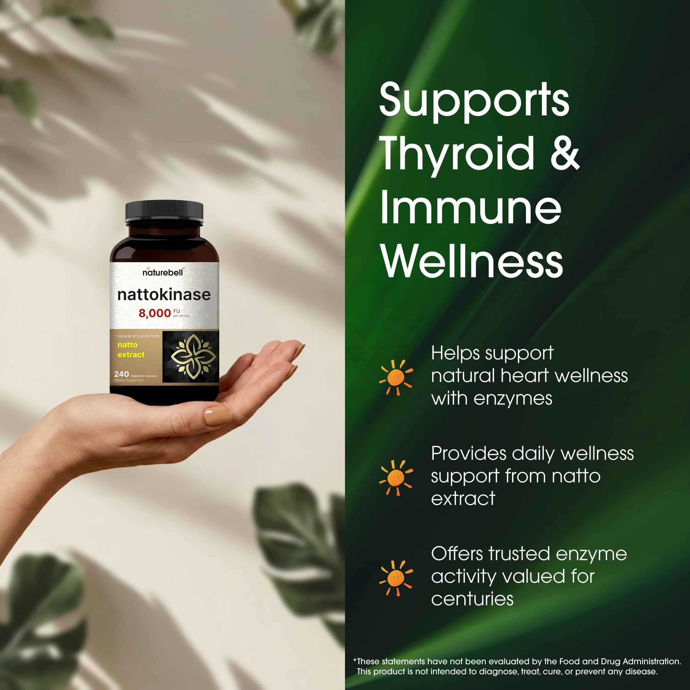 NatureBell Nattokinase - 240 Capsules - 8,000 FU Max Strength from Fermented Natto Extract - for Heart Health