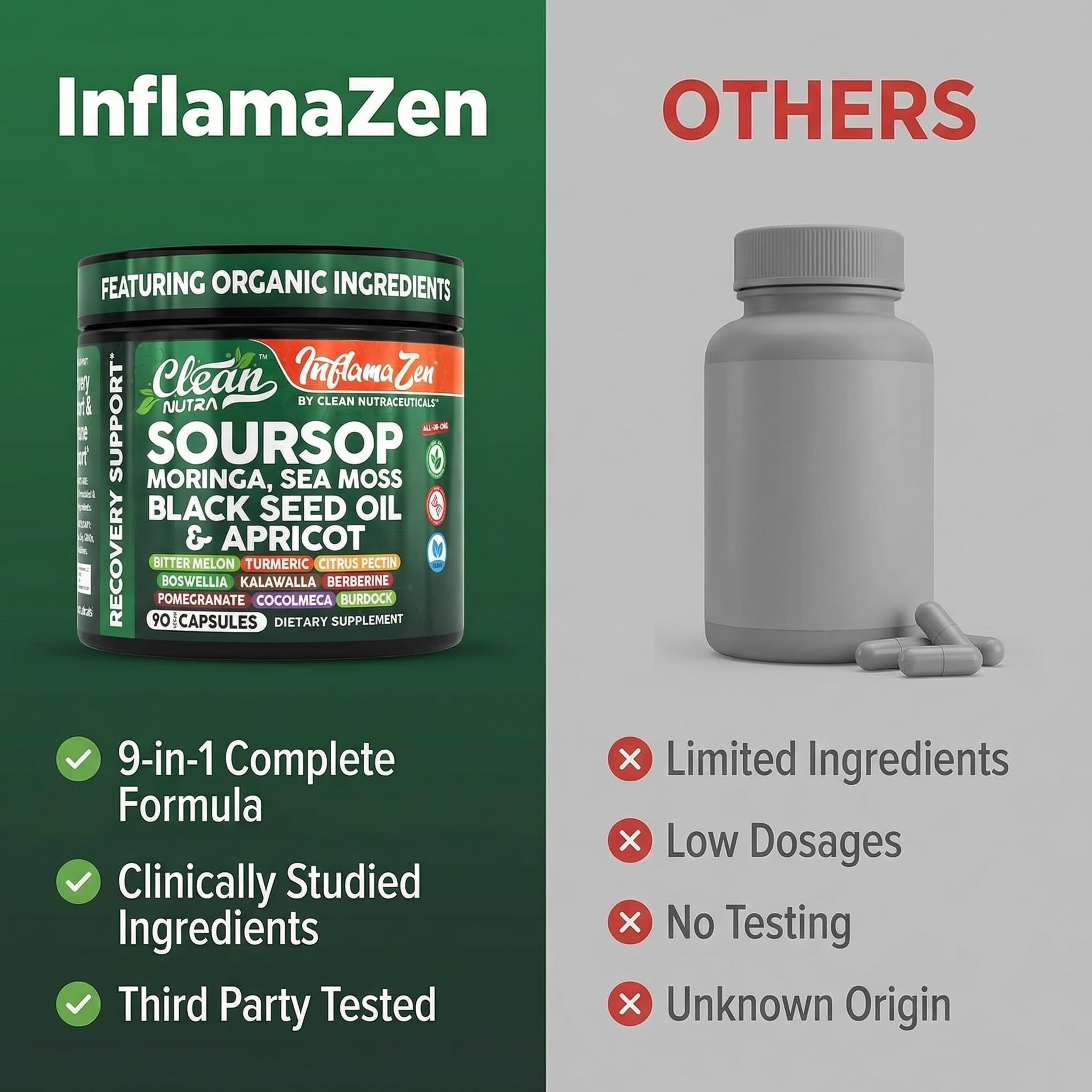 Clean Nutra Soursop Supplement Moringa Sea Moss Black Seed Oil Berberine Turmeric Resveratrol Quercetin Greens Bitters Boswellia Bitter