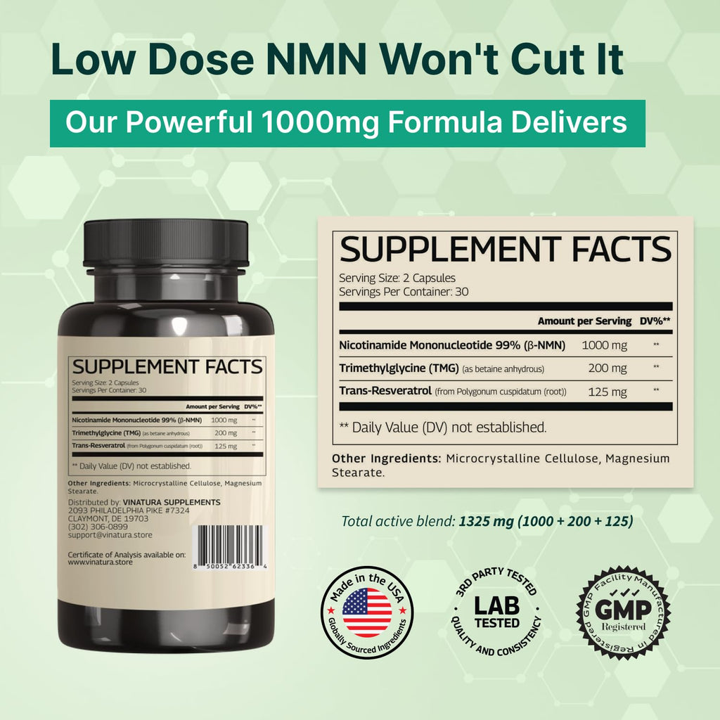 VINATURA NMN Complex Supplement 1325MG - NMN 1000mg with Resveratrol and TMG, Support NAD+, 60 Capsules VINATURA Au supplements