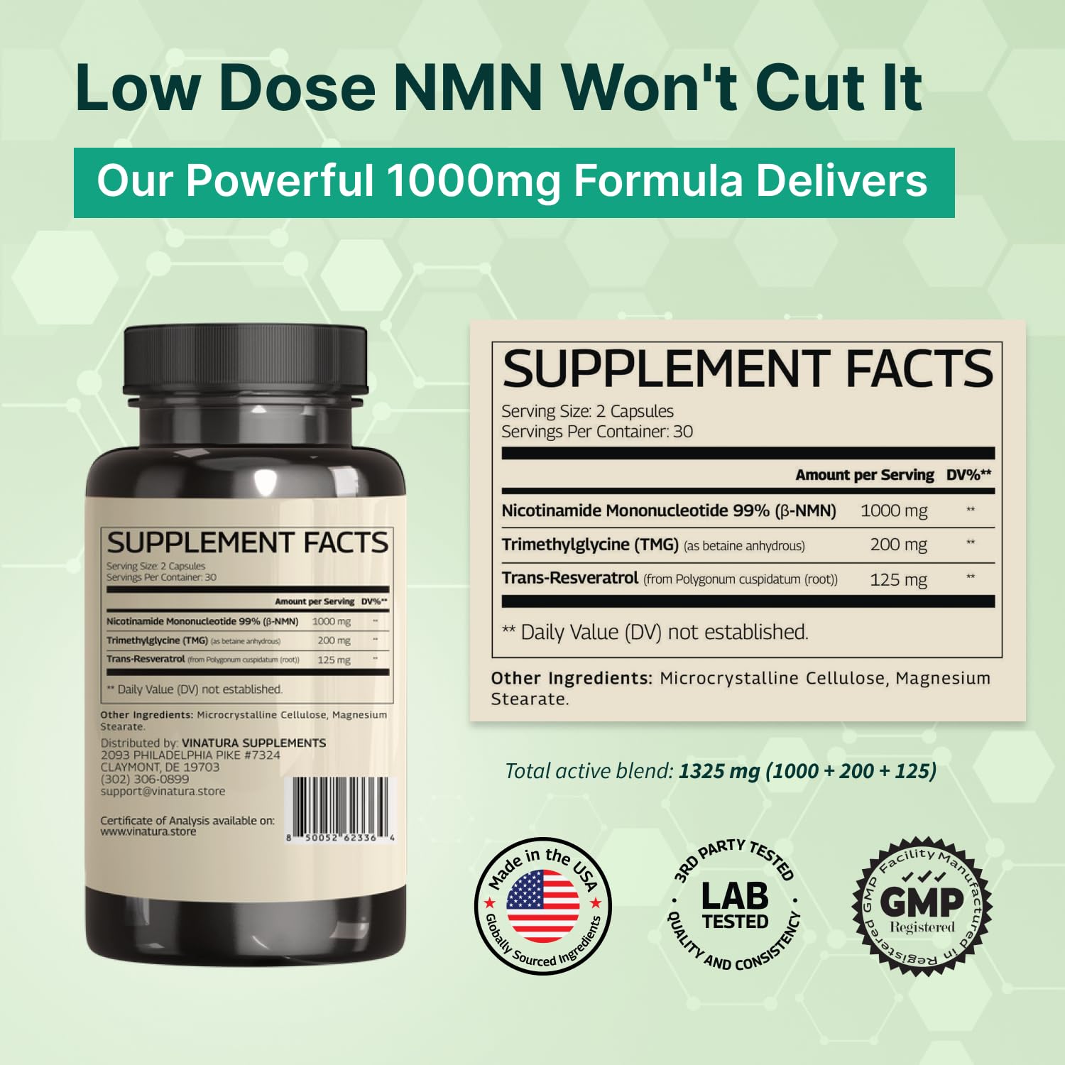 VINATURA NMN Complex Supplement 1325MG - NMN 1000mg with Resveratrol and TMG, Support NAD+, 60 Capsules VINATURA Au supplements
