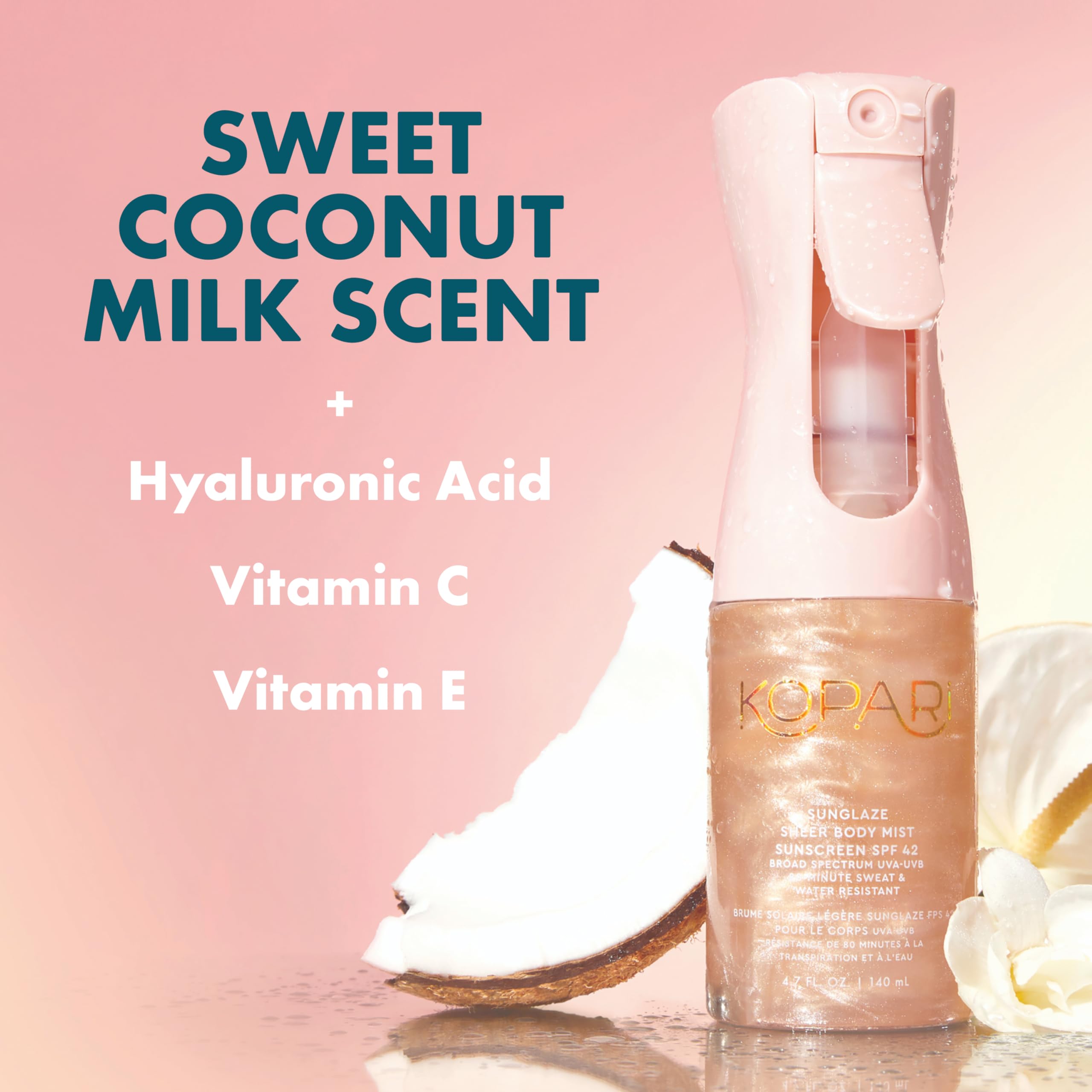 Kopari Rose Gold Sunglaze Sheer Body Mist Sunscreen SPF 42, Infused with Shimmering Body Oil, Hydrating Mist, Hydrates