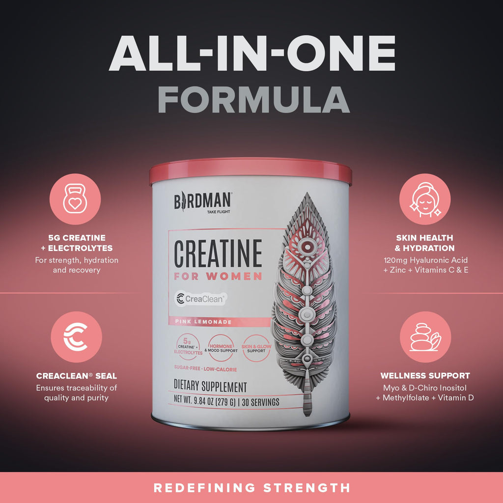 BIRDMAN Creatine for Women | Creatine Monohydrate Powder with Myo & D-Chiro Inositol, Hyaluronic Acid, Zinc, Electrolytes and Vitamins | Sugar Free, Pink Lemonade | 30 Servings BIRDMAN Au supplements