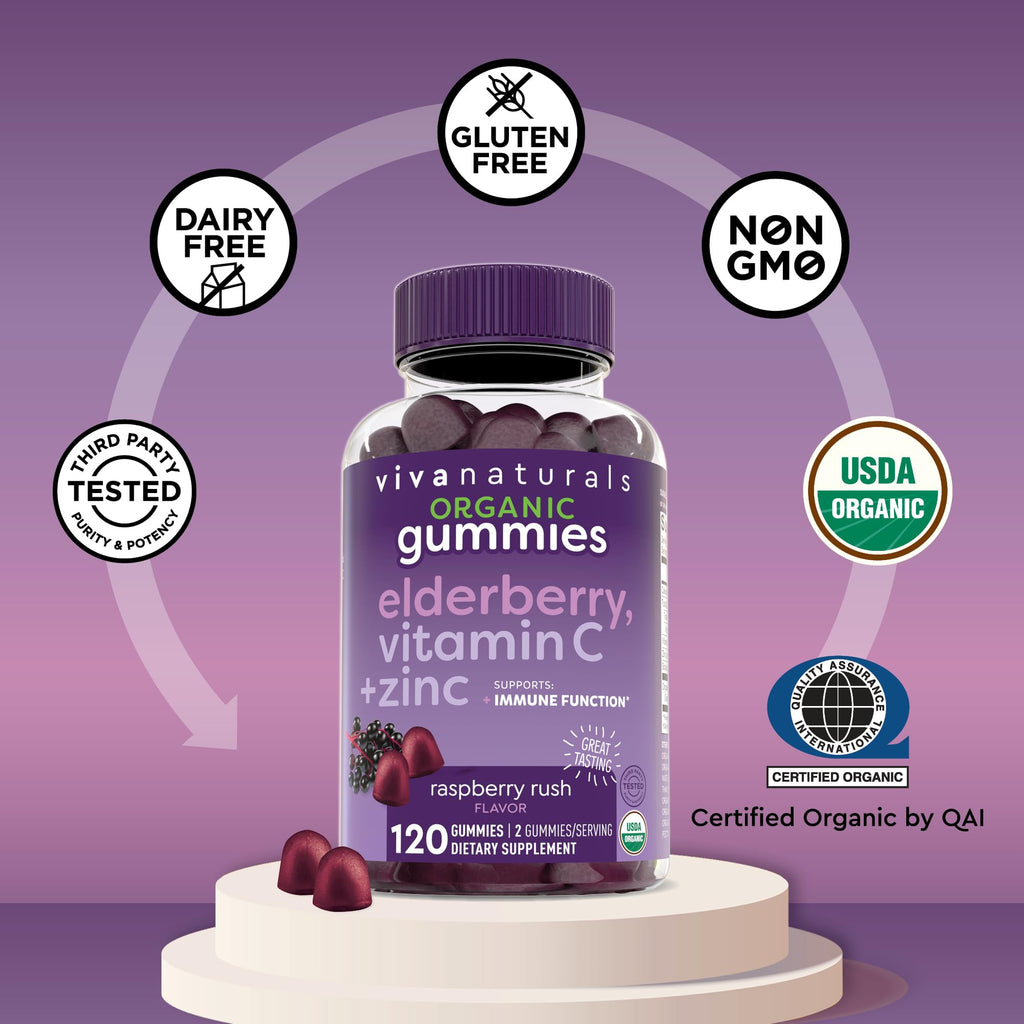 Viva Naturals Sambucus Elderberry Gummies for Adults - 150mg Black Elderberry Vitamin C and Zinc, 3-in-1 Daily Immune Support Gummies, Raspberry Rush Flavor