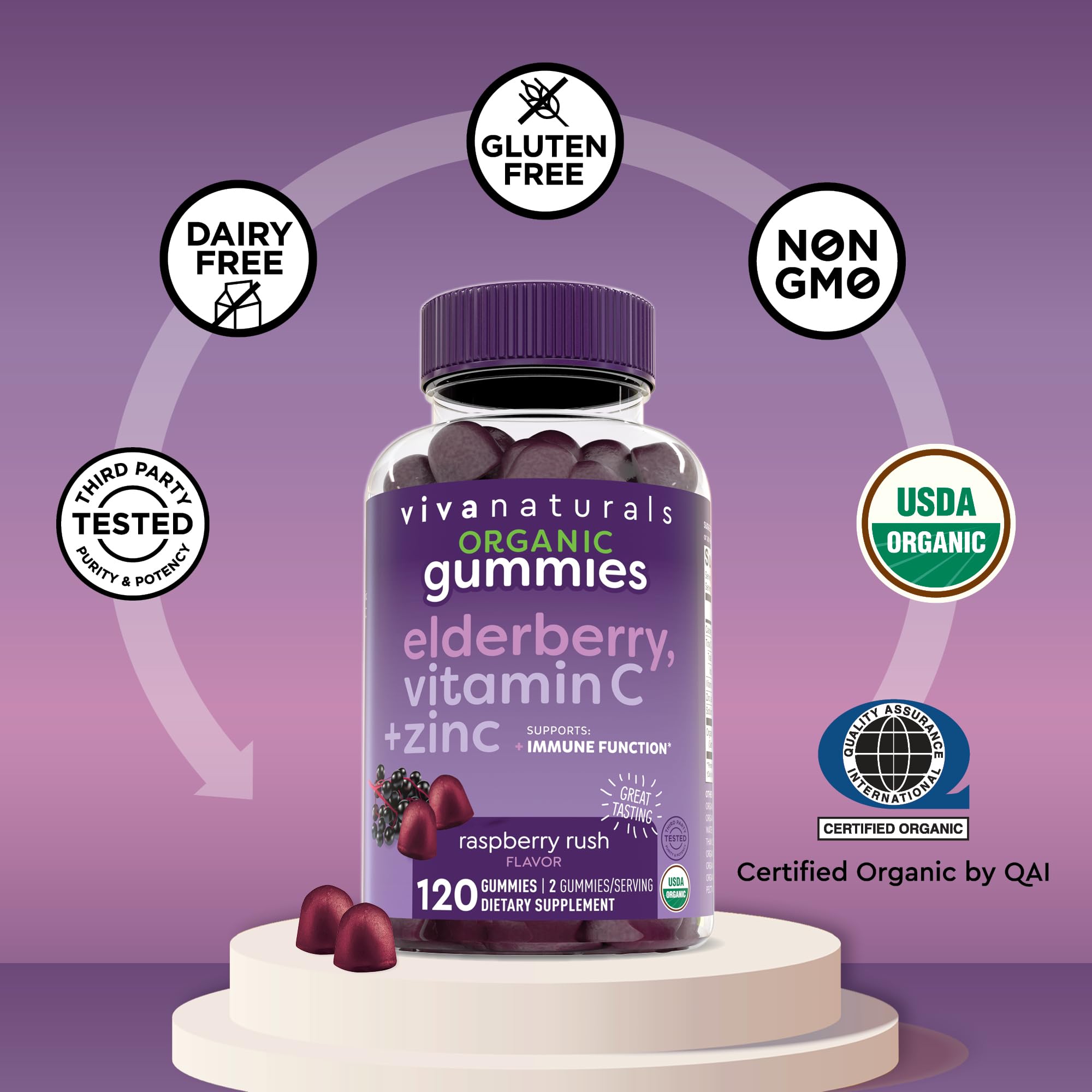 Viva Naturals Sambucus Elderberry Gummies for Adults - 150mg Black Elderberry Vitamin C and Zinc, 3-in-1 Daily Immune Support Gummies, Raspberry Rush Flavor