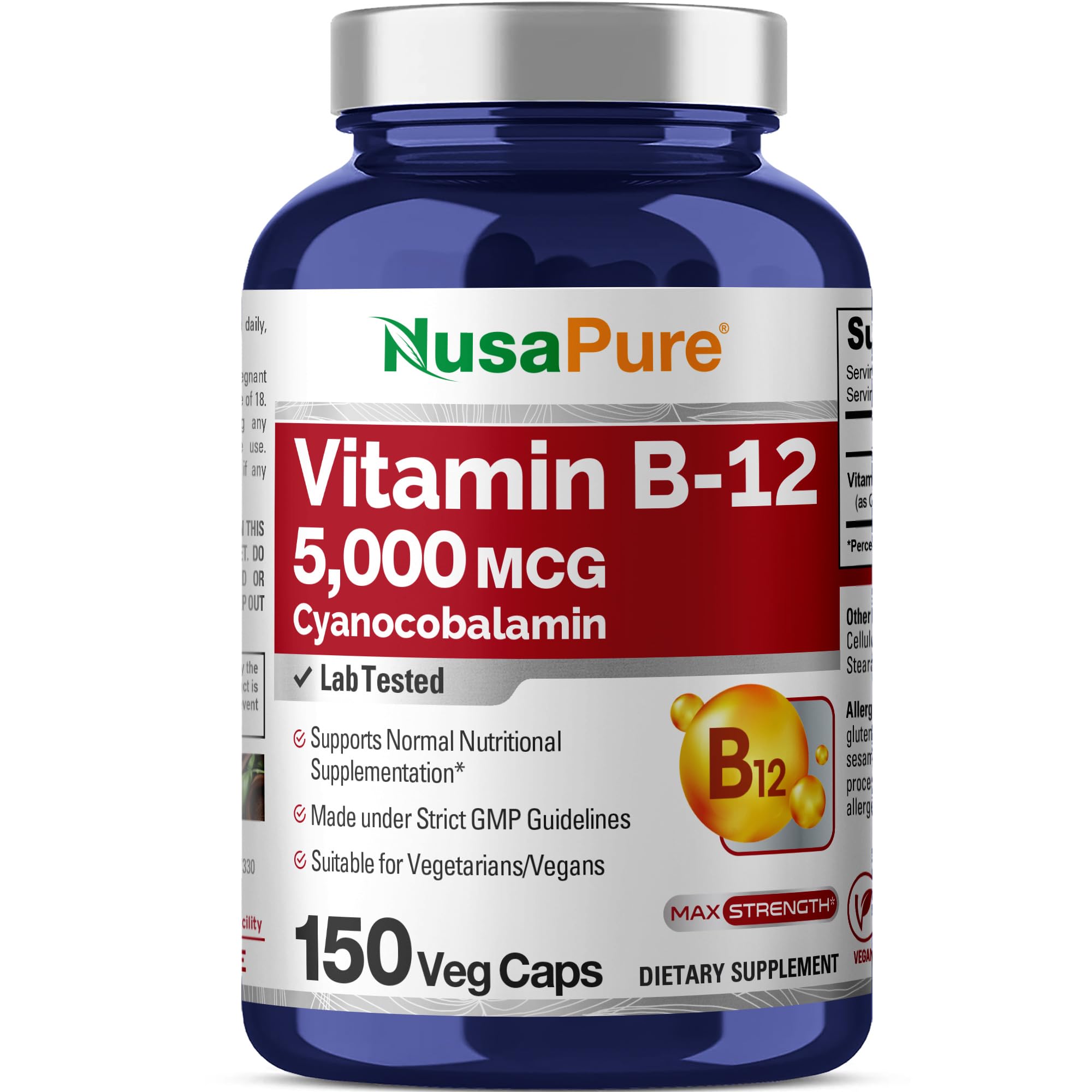 NusaPure Vitamin B12-5000 MCG 150 Veggie Capsules (Non-GMO, Vegan) - Max Strength Vitamin B12 NusaPure Au supplements